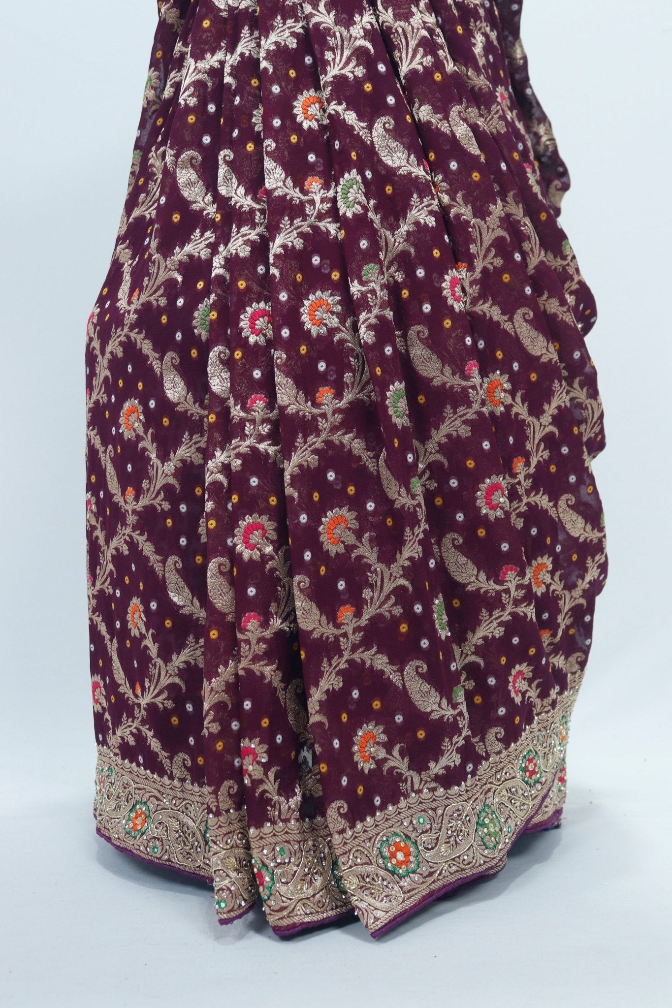 Maroon Banarasi Silk Saree with Multicolor Resham Embroidery Zari Work for Wedding Festive Wear - Mangaldeep NX