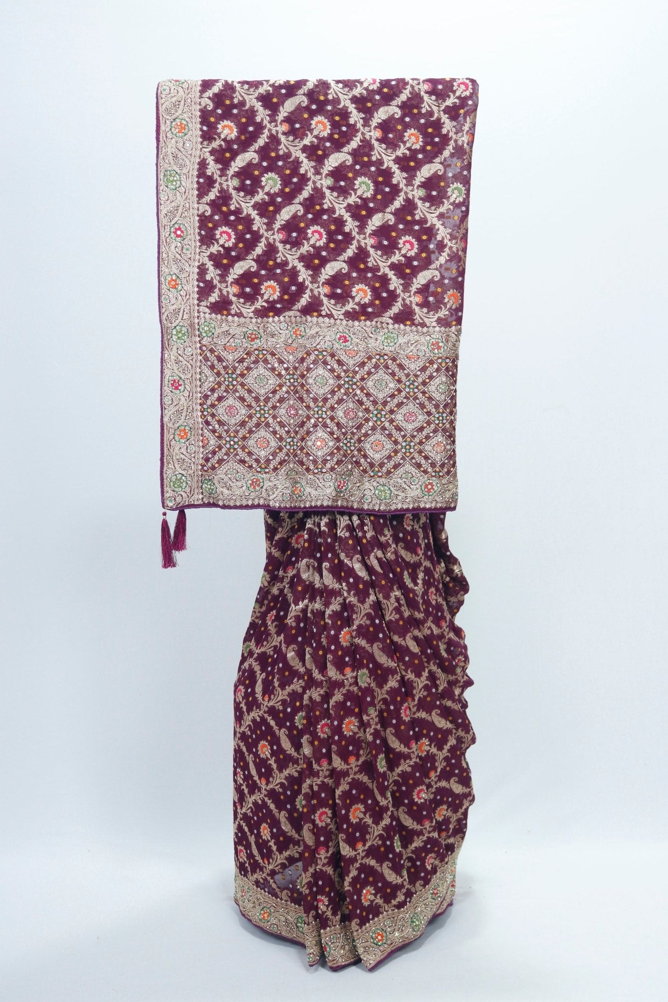 Maroon Banarasi Silk Saree with Multicolor Resham Embroidery Zari Work for Wedding Festive Wear - Mangaldeep NX