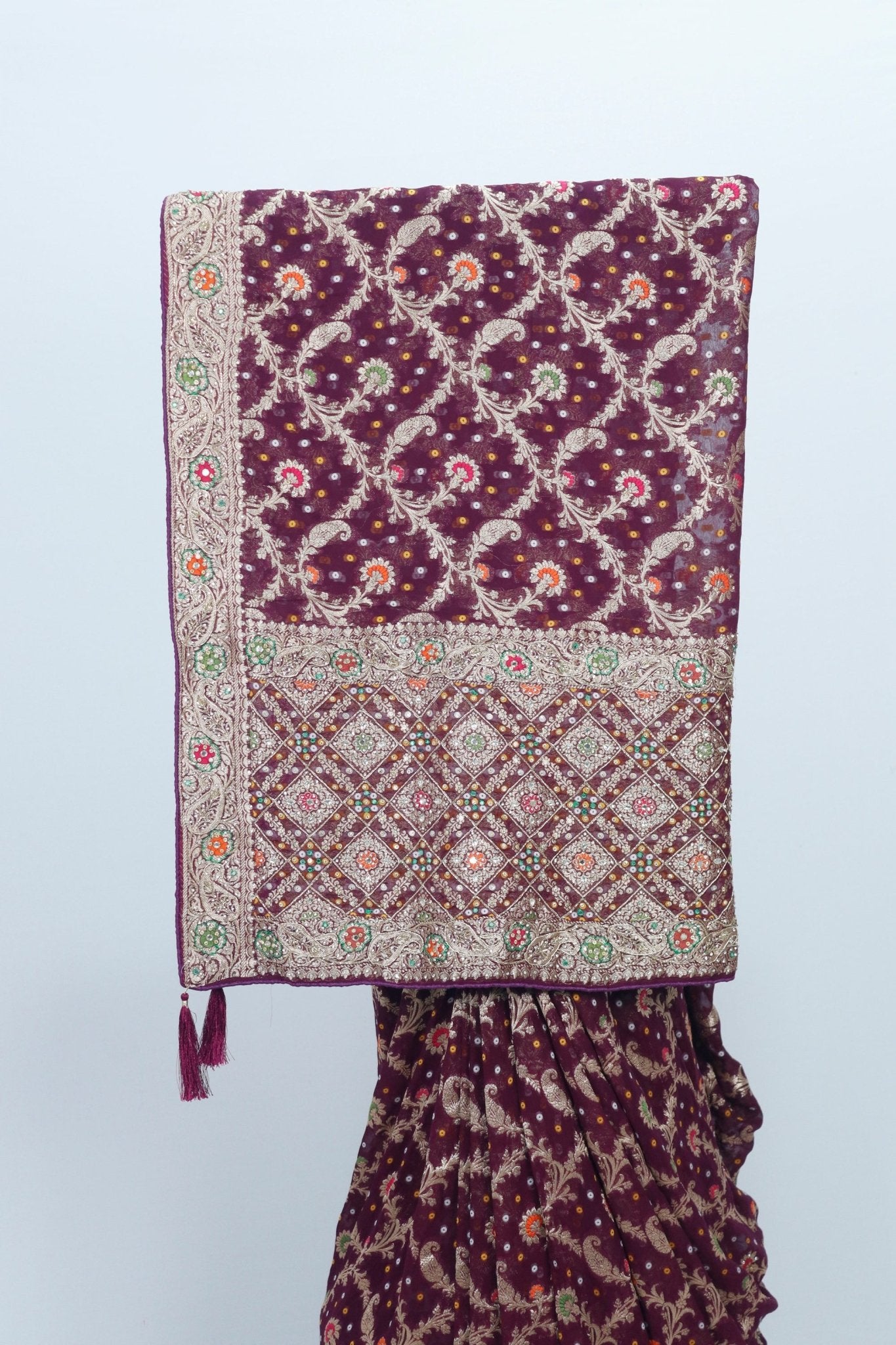 Maroon Banarasi Silk Saree with Multicolor Resham Embroidery Zari Work for Wedding Festive Wear - Mangaldeep NX