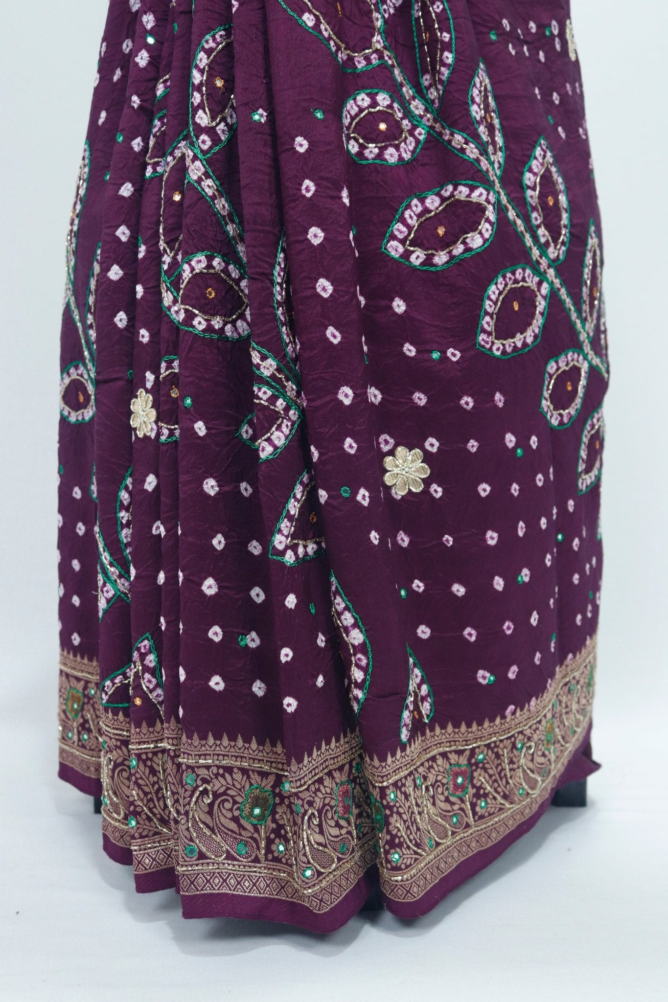 Maroon Bandhani Saree with Mirror Work and Zari Embroidered Border - Mangaldeep NX