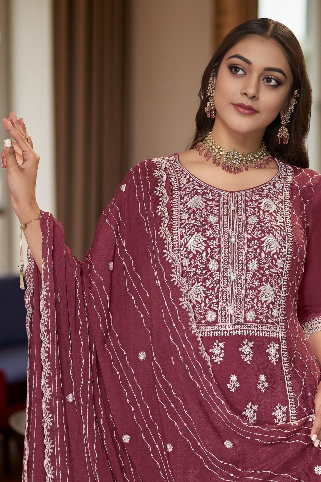 Maroon Chinon Embroidered Readymade Palazzo Suit with Dupatta - Mangaldeep NX