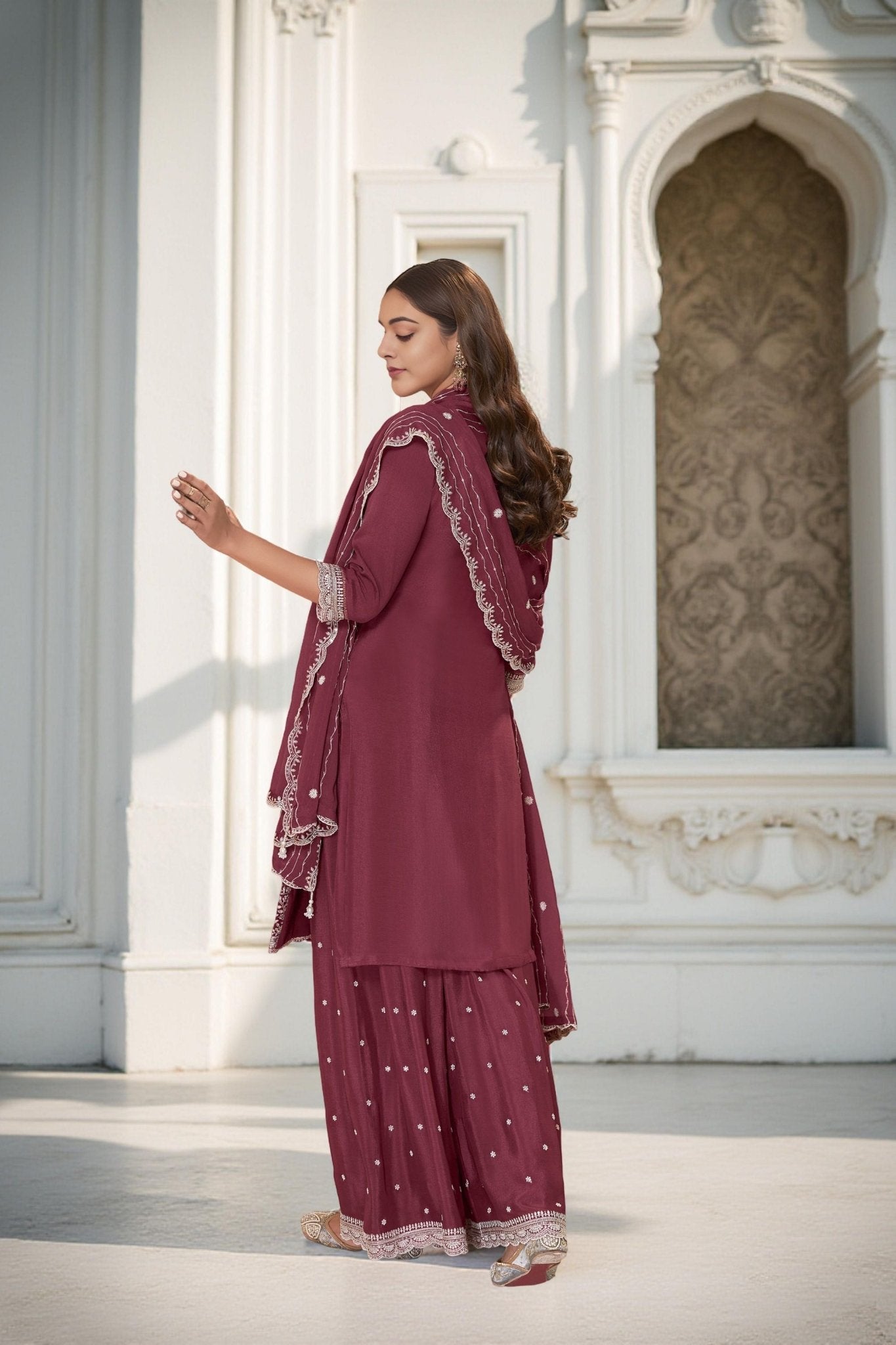 Maroon Chinon Embroidered Readymade Palazzo Suit with Dupatta - Mangaldeep NX