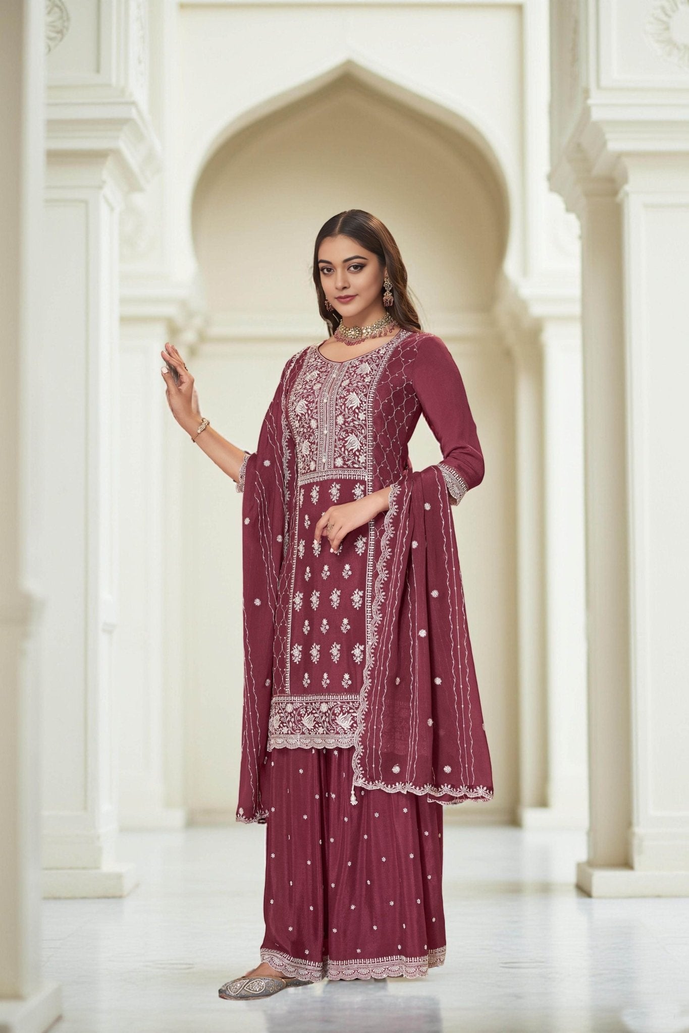 Maroon Chinon Embroidered Readymade Palazzo Suit with Dupatta - Mangaldeep NX