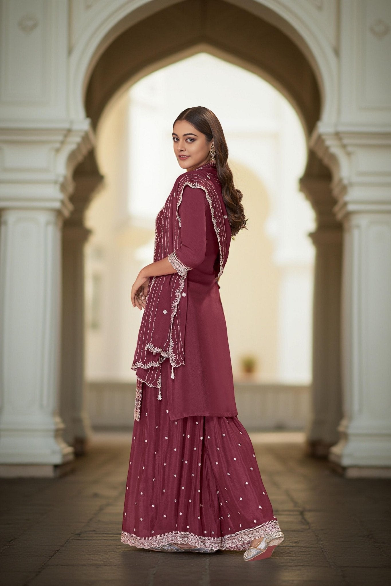 Maroon Chinon Embroidered Readymade Palazzo Suit with Dupatta - Mangaldeep NX
