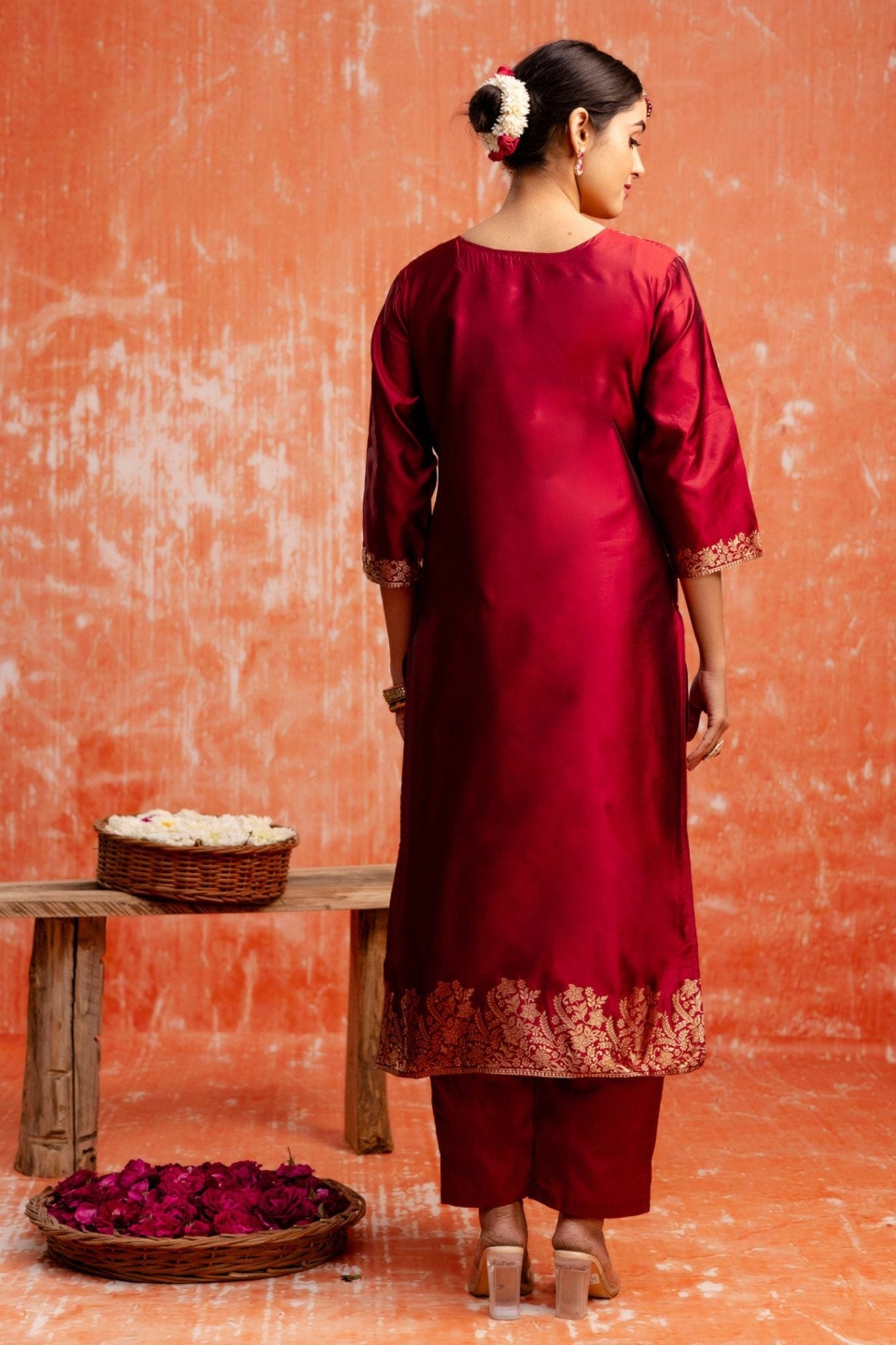 Maroon Cotton Blend Straight Suit Set with Zari Embroidery and Dupatta - Mangaldeep NX