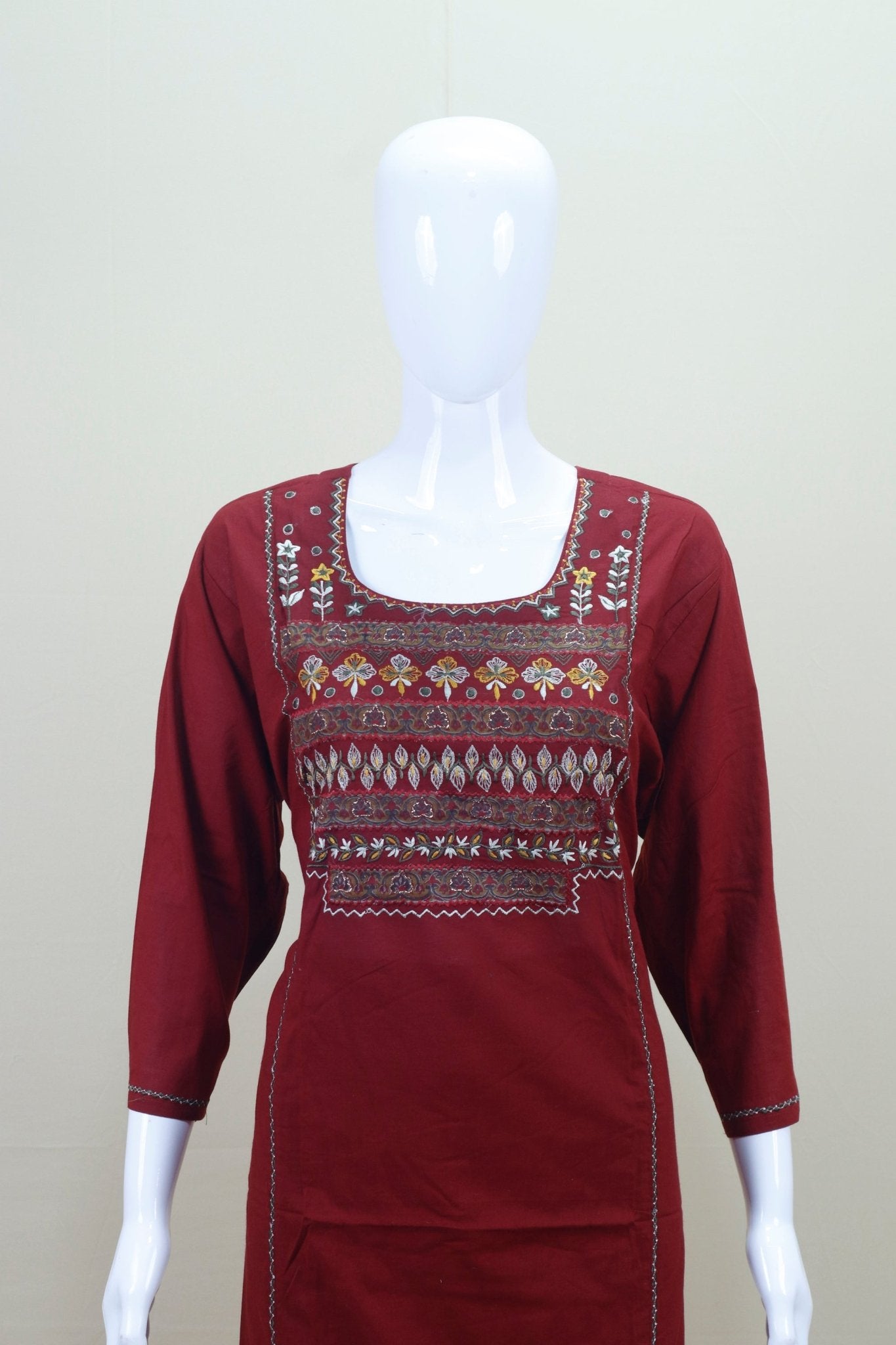 Maroon Cotton Embroidered Straight - Cut Suit with Printed Dupatta - Mangaldeep NX