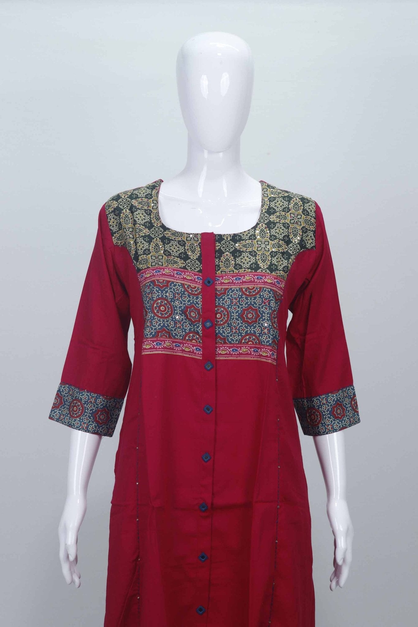 Maroon Cotton Printed Kurti Set with Front Buttons and Straight Pants - Mangaldeep NX
