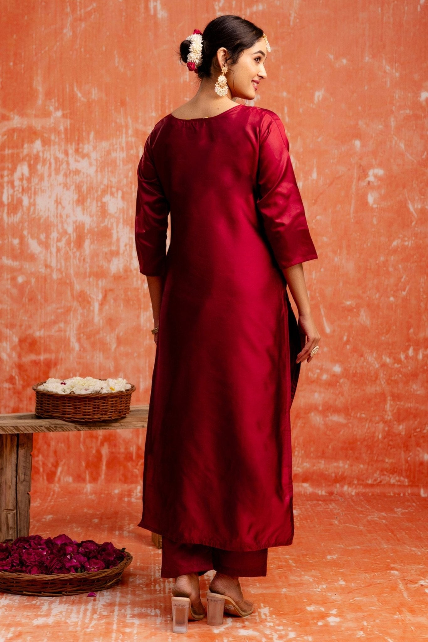 Maroon Cotton Silk Readymade Salwar Suit with Jacquard Work - Mangaldeep NX