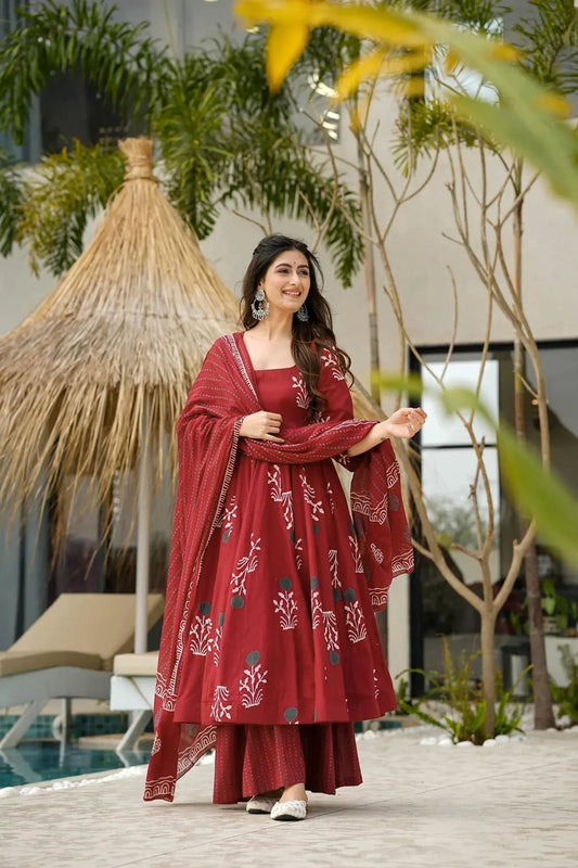 Maroon Embroidered Anarkali Kurta Set with Printed Palazzo and Dupatta for Women - Mangaldeep NX