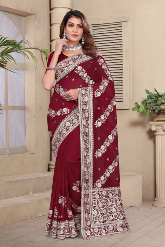 Maroon Embroidered Georgette Saree with Silver Floral Thread Work and Matching Blouse Piece - Mangaldeep NX