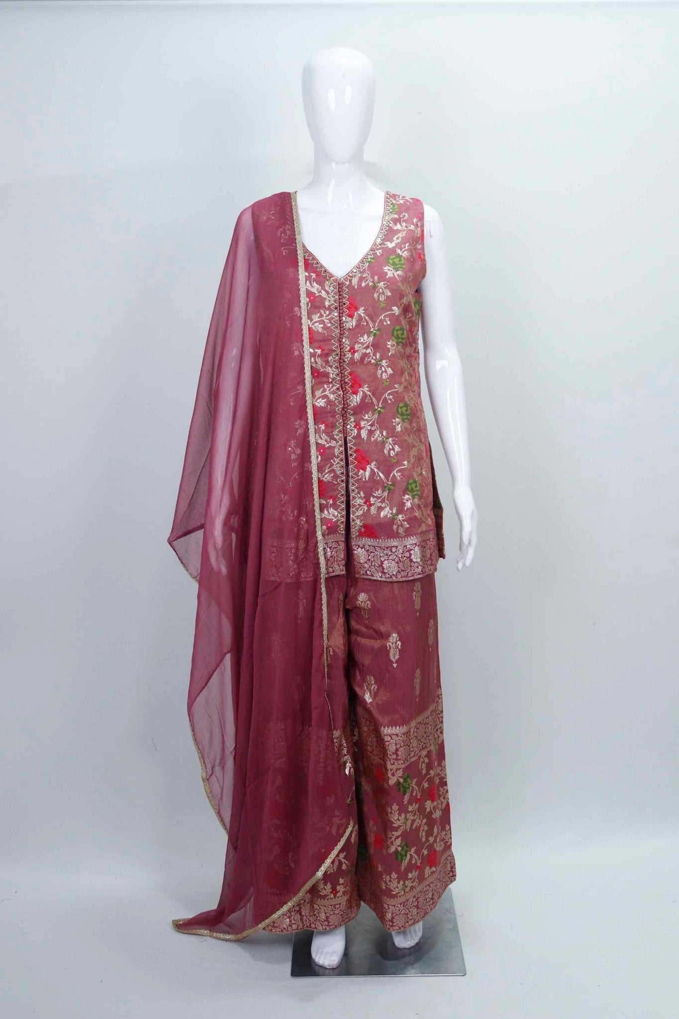 Maroon Floral Embroidered Kurta Palazzo Set with Zari Border and Matching Dupatta - Mangaldeep NX