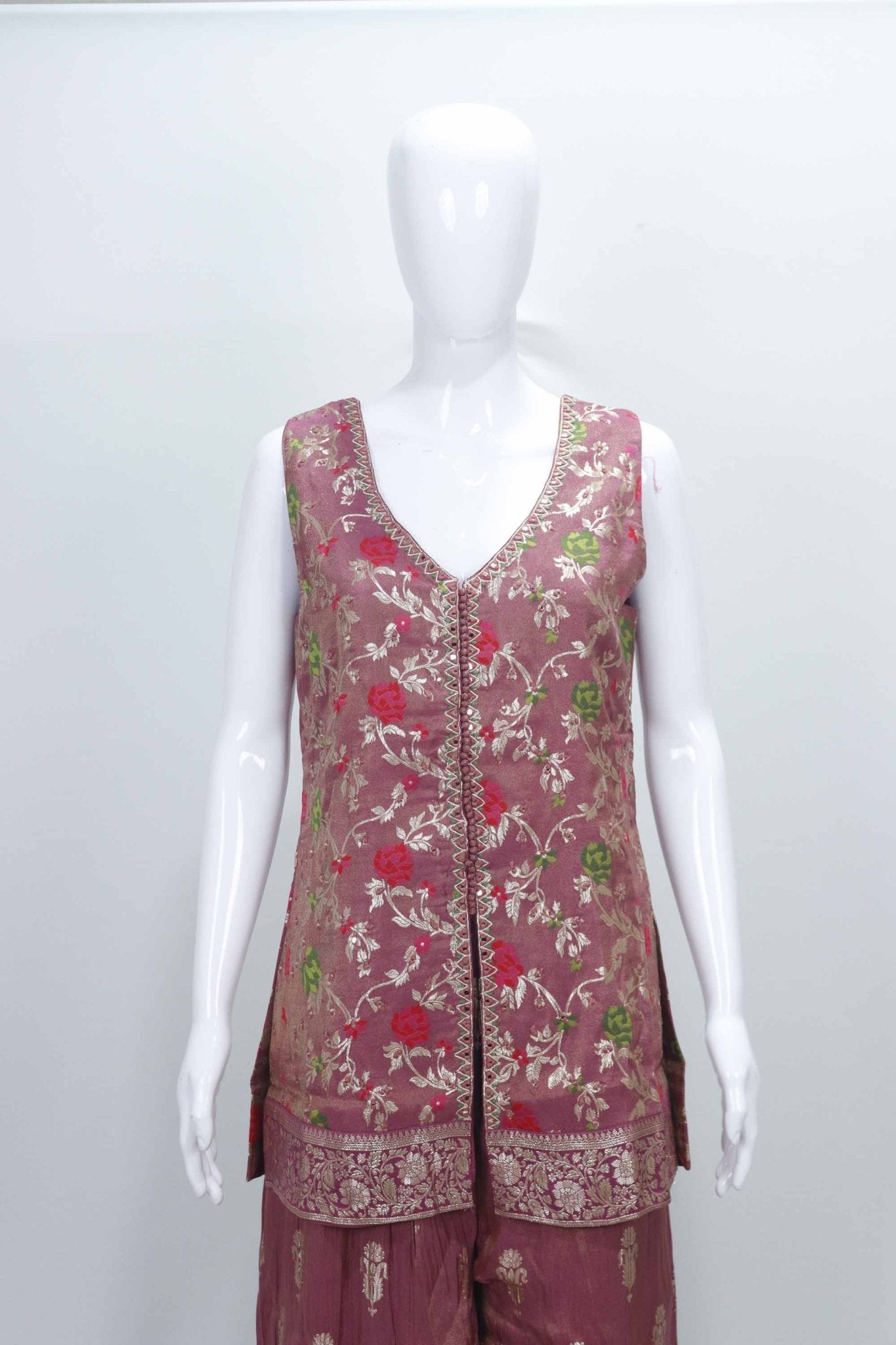 Maroon Floral Embroidered Kurta Palazzo Set with Zari Border and Matching Dupatta - Mangaldeep NX