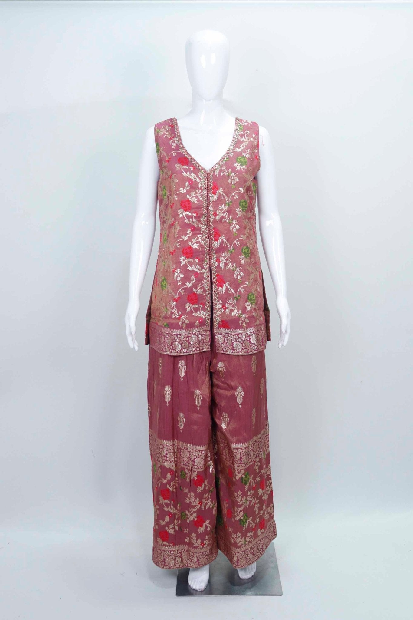 Maroon Floral Embroidered Kurta Palazzo Set with Zari Border and Matching Dupatta - Mangaldeep NX