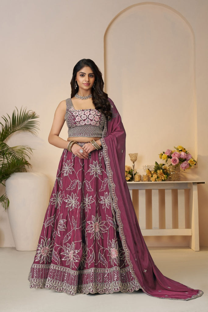 Maroon Floral Embroidered Lehenga Choli Set with Sequins and Dupatta - Mangaldeep NX