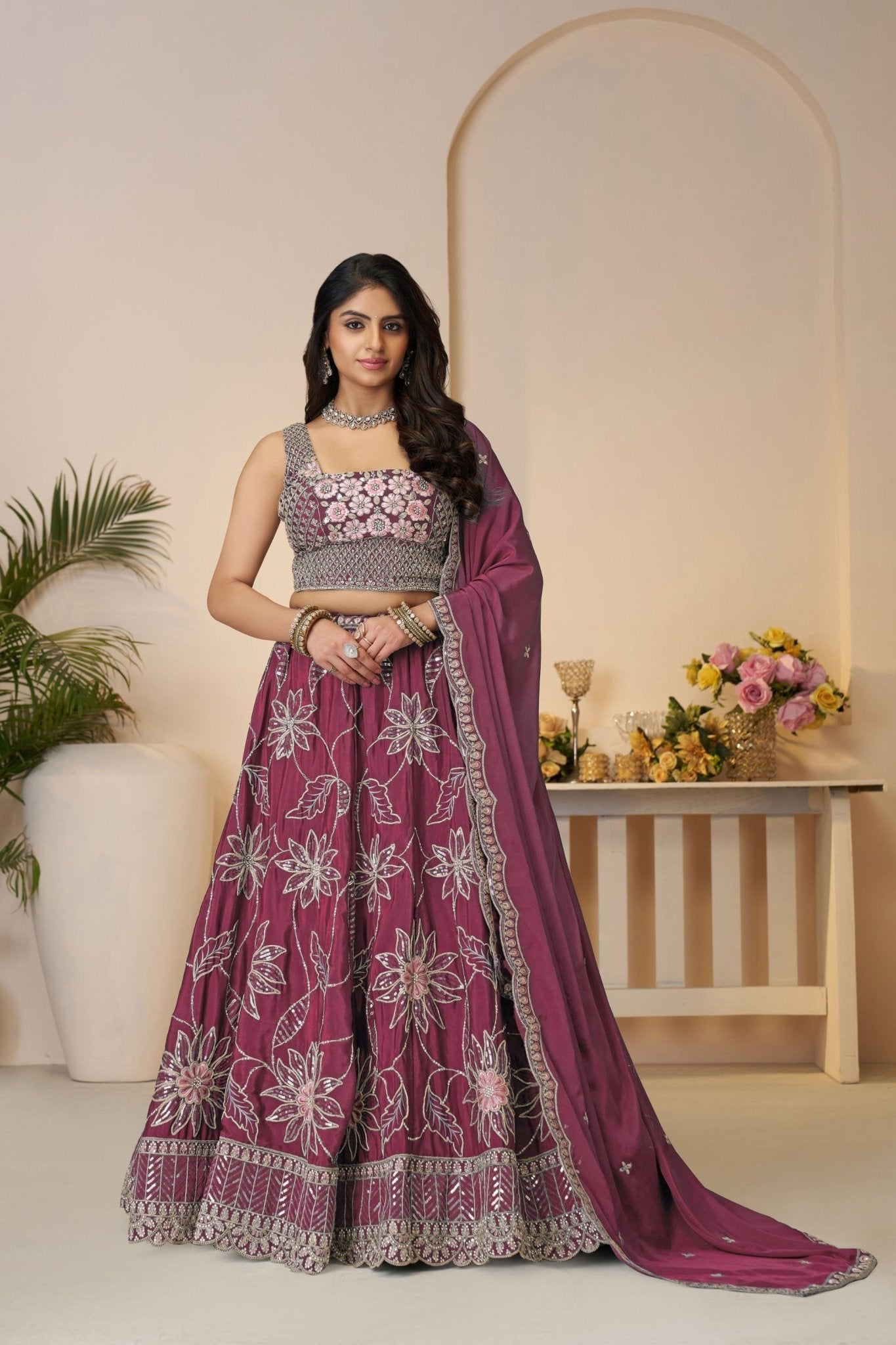 Maroon Floral Embroidered Lehenga Choli Set with Sequins and Dupatta - Mangaldeep NX