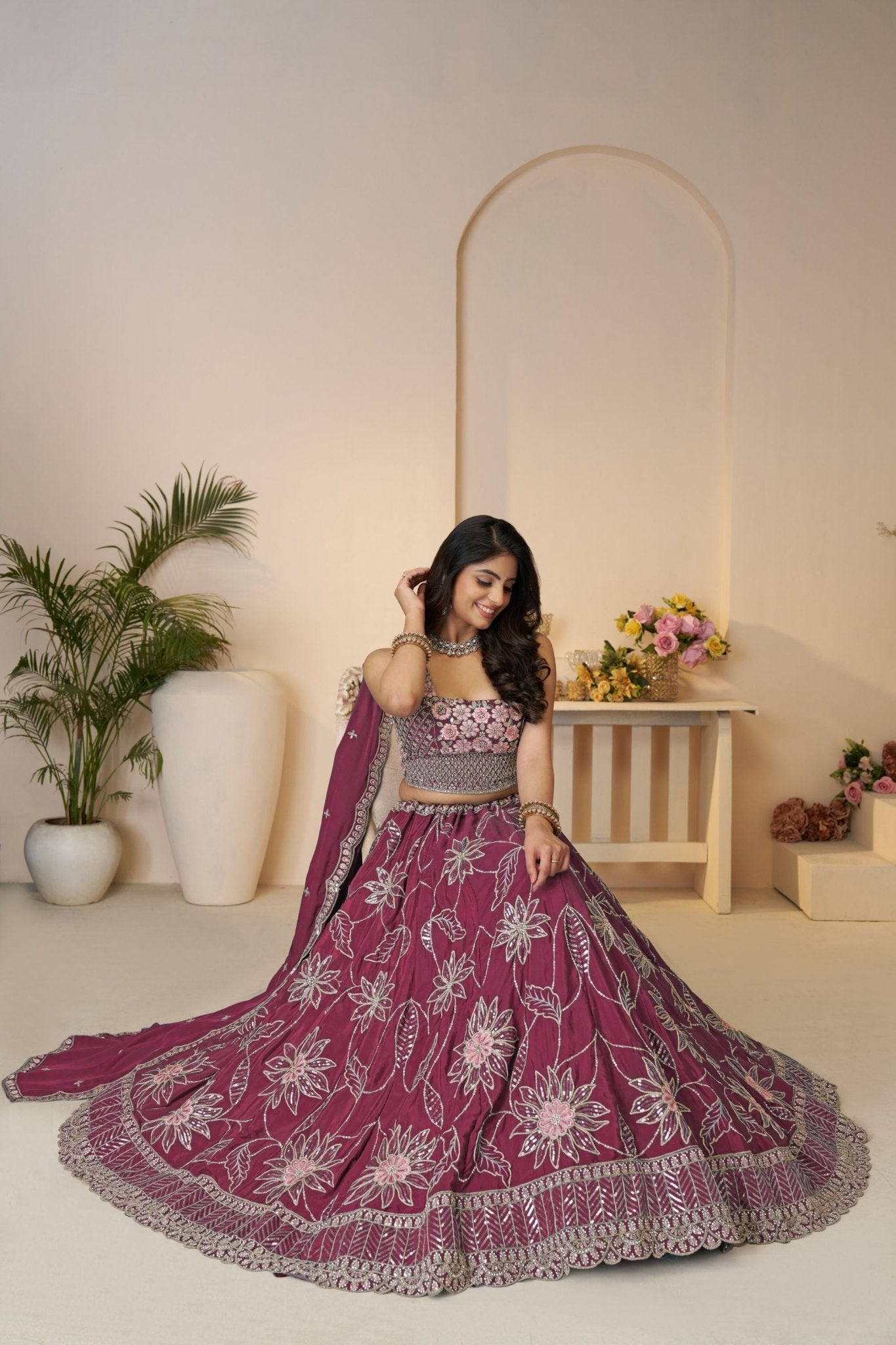 Maroon Floral Embroidered Lehenga Choli Set with Sequins and Dupatta - Mangaldeep NX