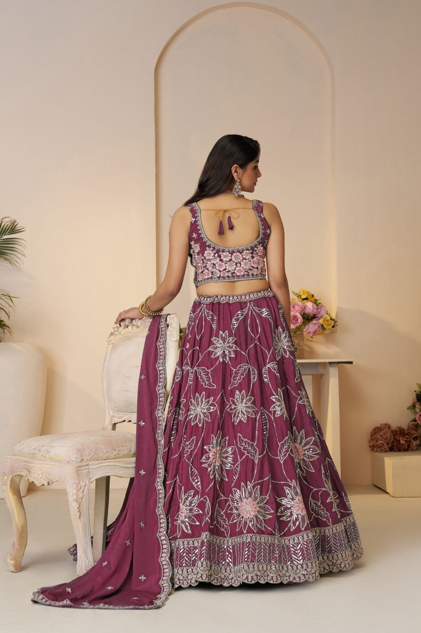 Maroon Floral Embroidered Lehenga Choli Set with Sequins and Dupatta - Mangaldeep NX