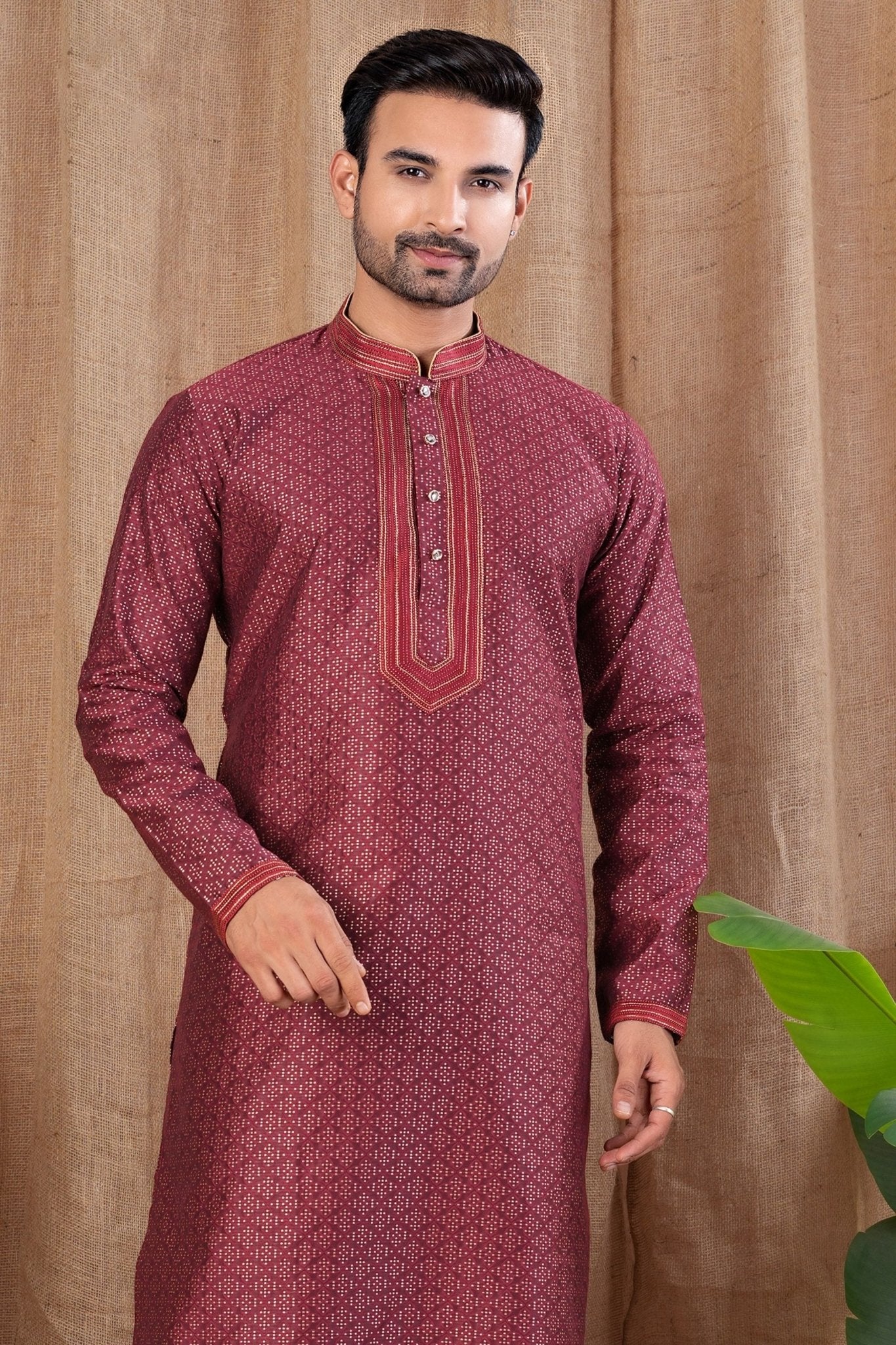 Maroon Self - Textured Art Silk Kurta for Men with Beige Pyjama - Mangaldeep NX