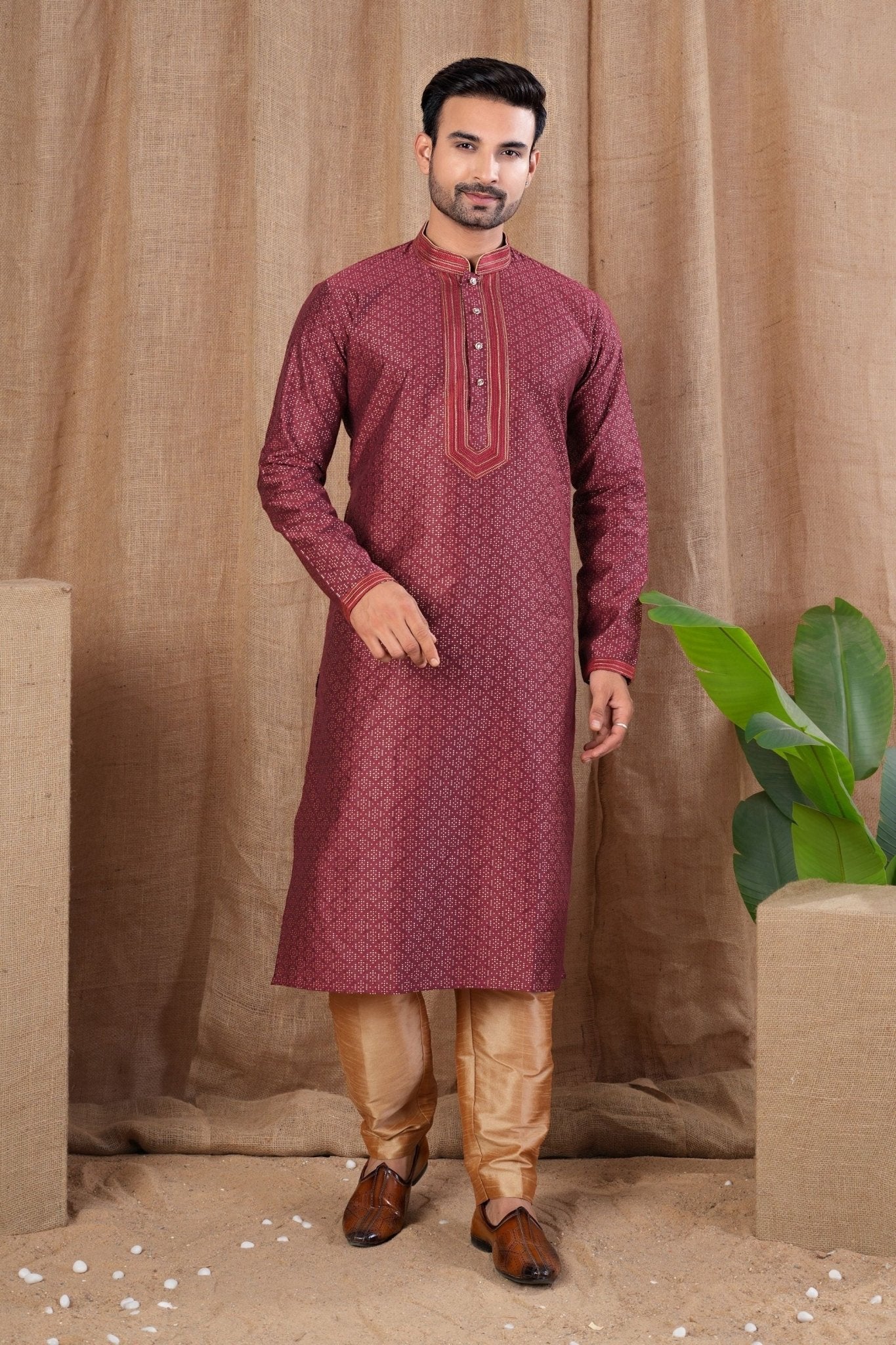 Maroon Self - Textured Art Silk Kurta for Men with Beige Pyjama - Mangaldeep NX