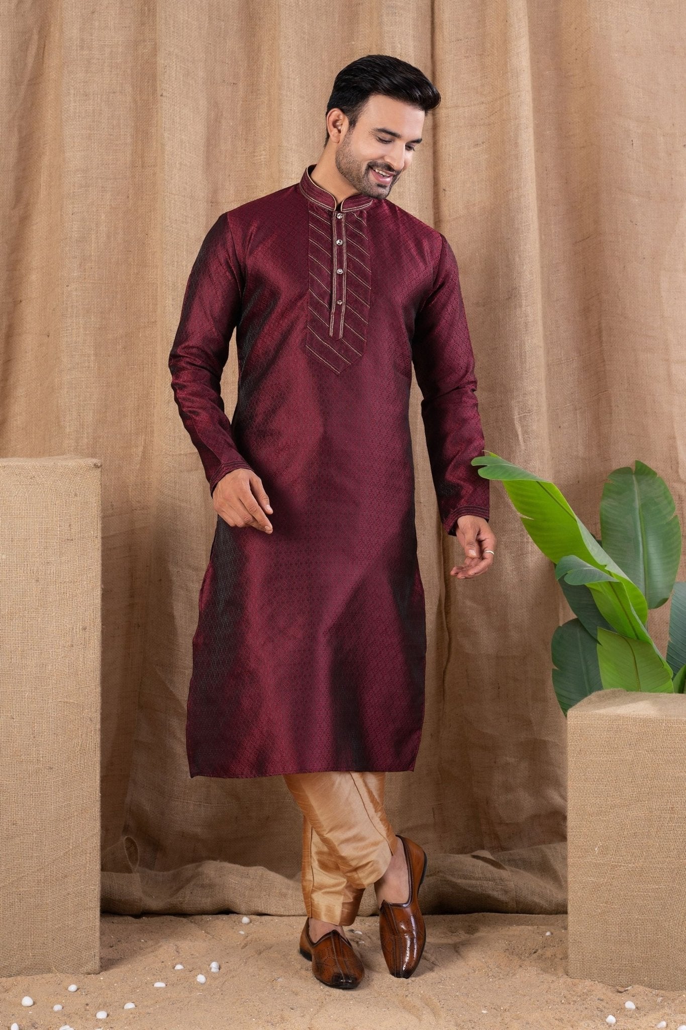 Maroon Textured Art Silk Kurta for Men with Beige Pyjama - Mangaldeep NX