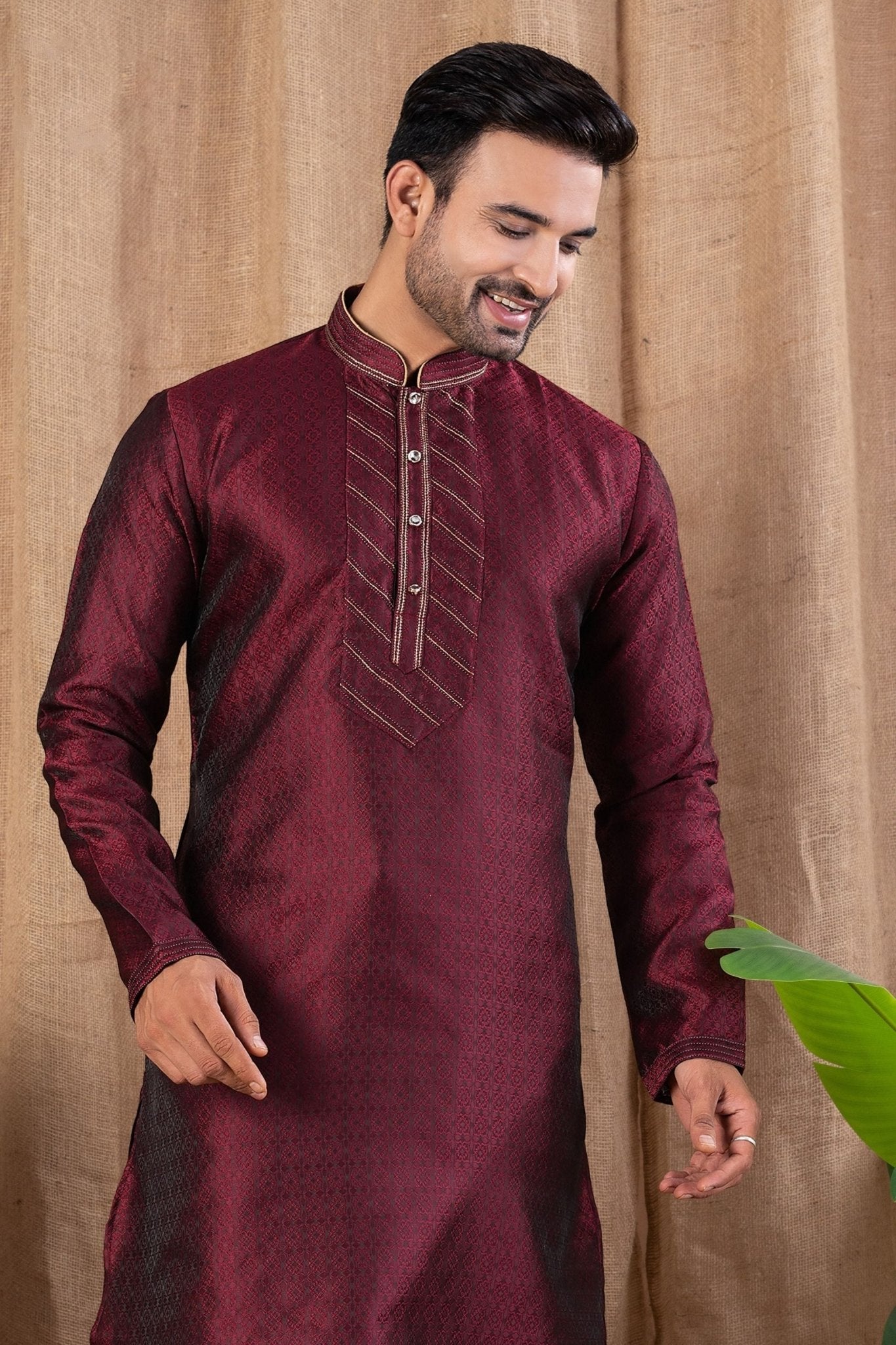 Maroon Textured Art Silk Kurta for Men with Beige Pyjama - Mangaldeep NX