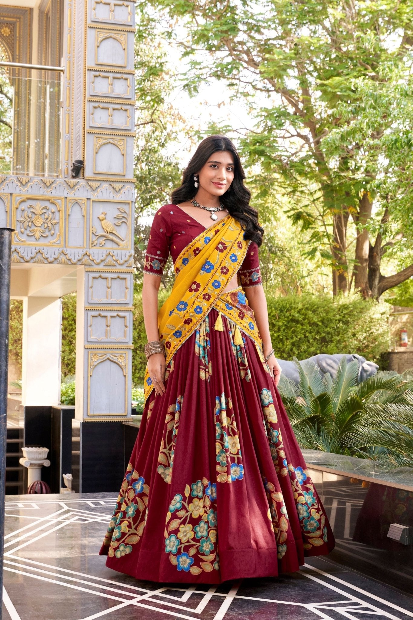 Maroon Tussar Silk Lehenga Choli with Digital Print Work for Festive Occasions - Mangaldeep NX