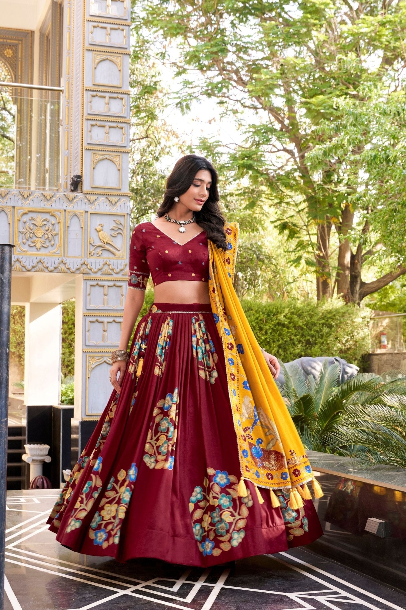 Maroon Tussar Silk Lehenga Choli with Digital Print Work for Festive Occasions - Mangaldeep NX