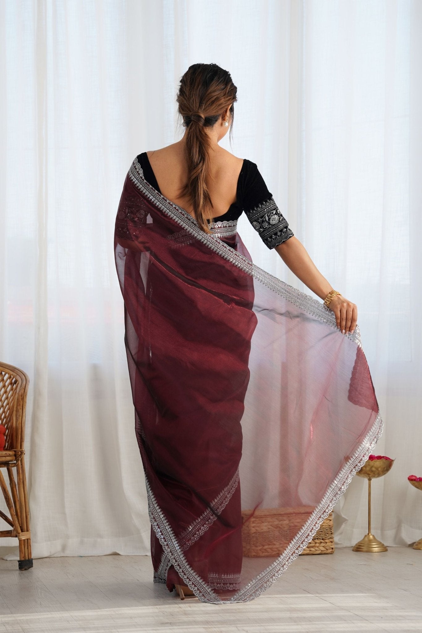 Maroon Twill Net Saree with Silver Embroidered Border and Black Embroidered Blouse - Mangaldeep NX