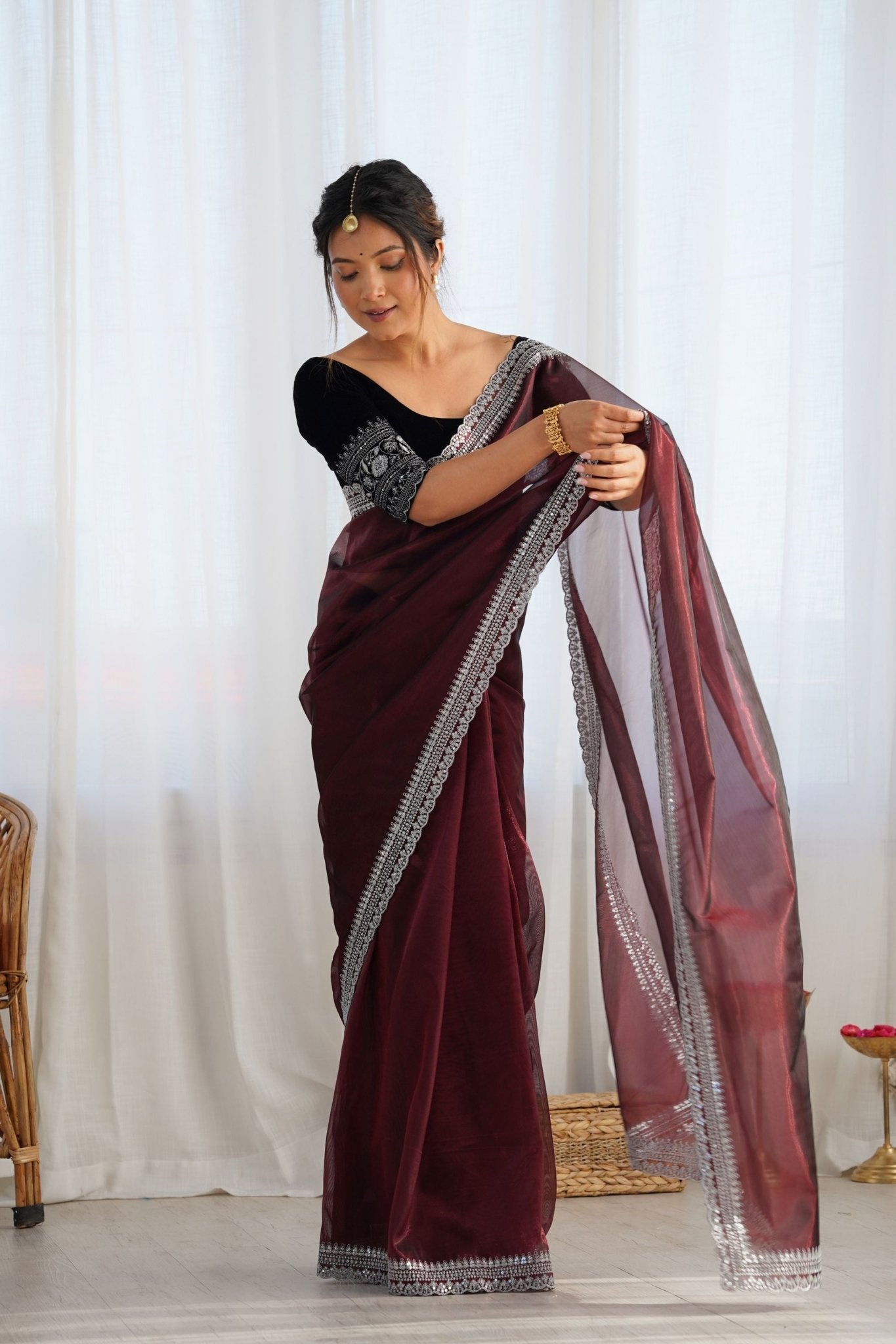 Maroon Twill Net Saree with Silver Embroidered Border and Black Embroidered Blouse - Mangaldeep NX