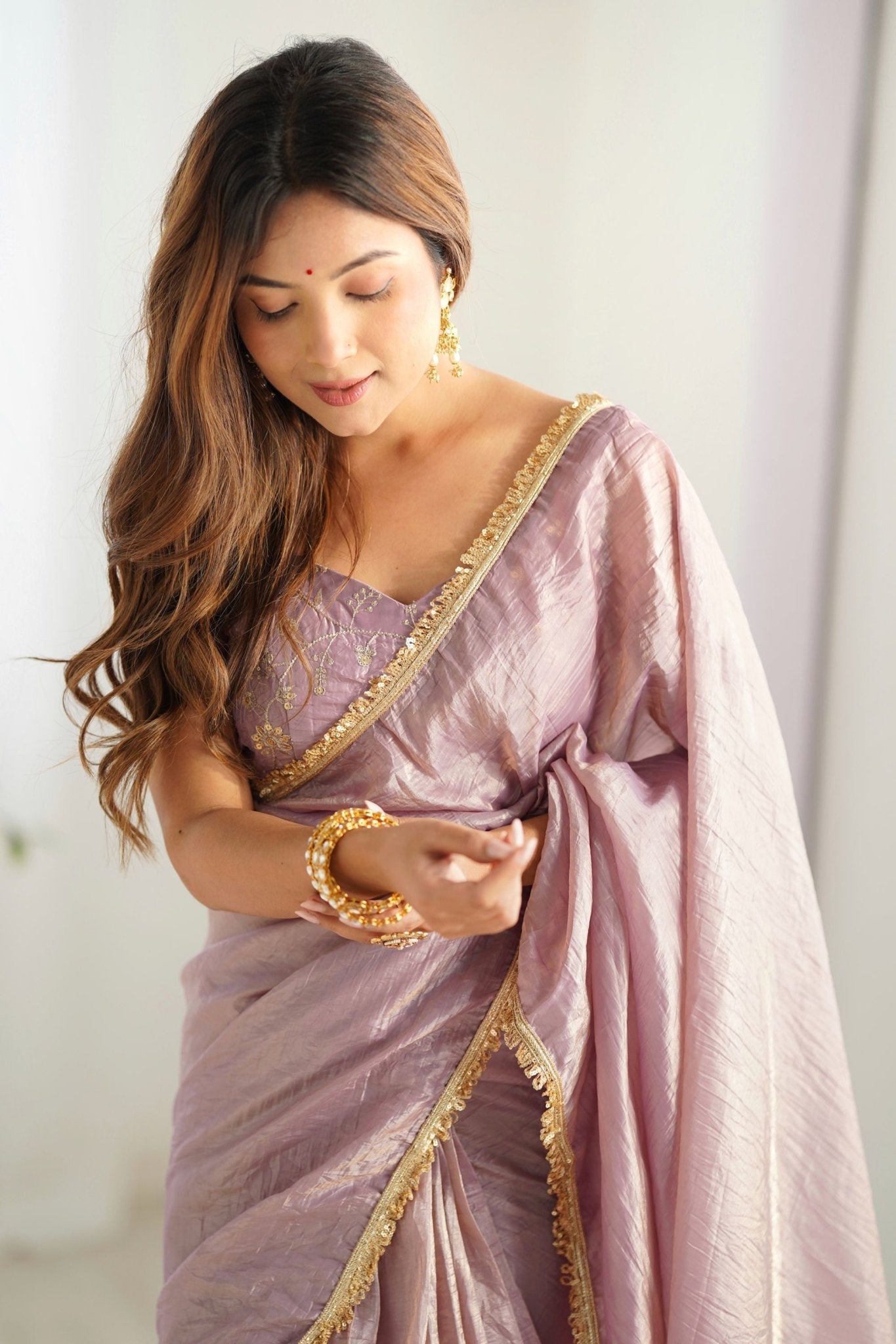 Mauve Organza Silk Saree with Golden Embroidered Border - Mangaldeep NX