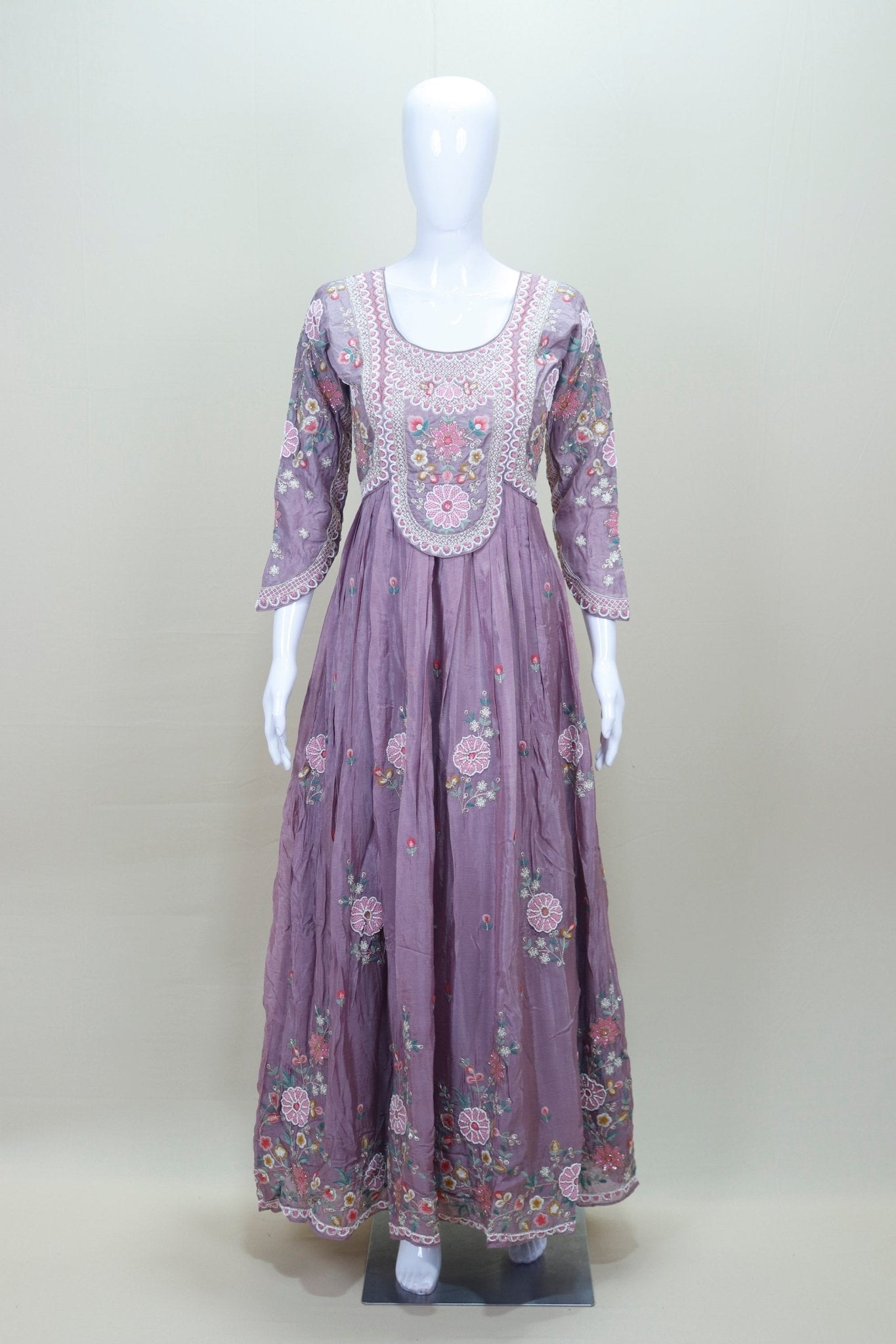 Mauve Pink Floral Embroidered Anarkali Suit with Matching Dupatta - Mangaldeep NX