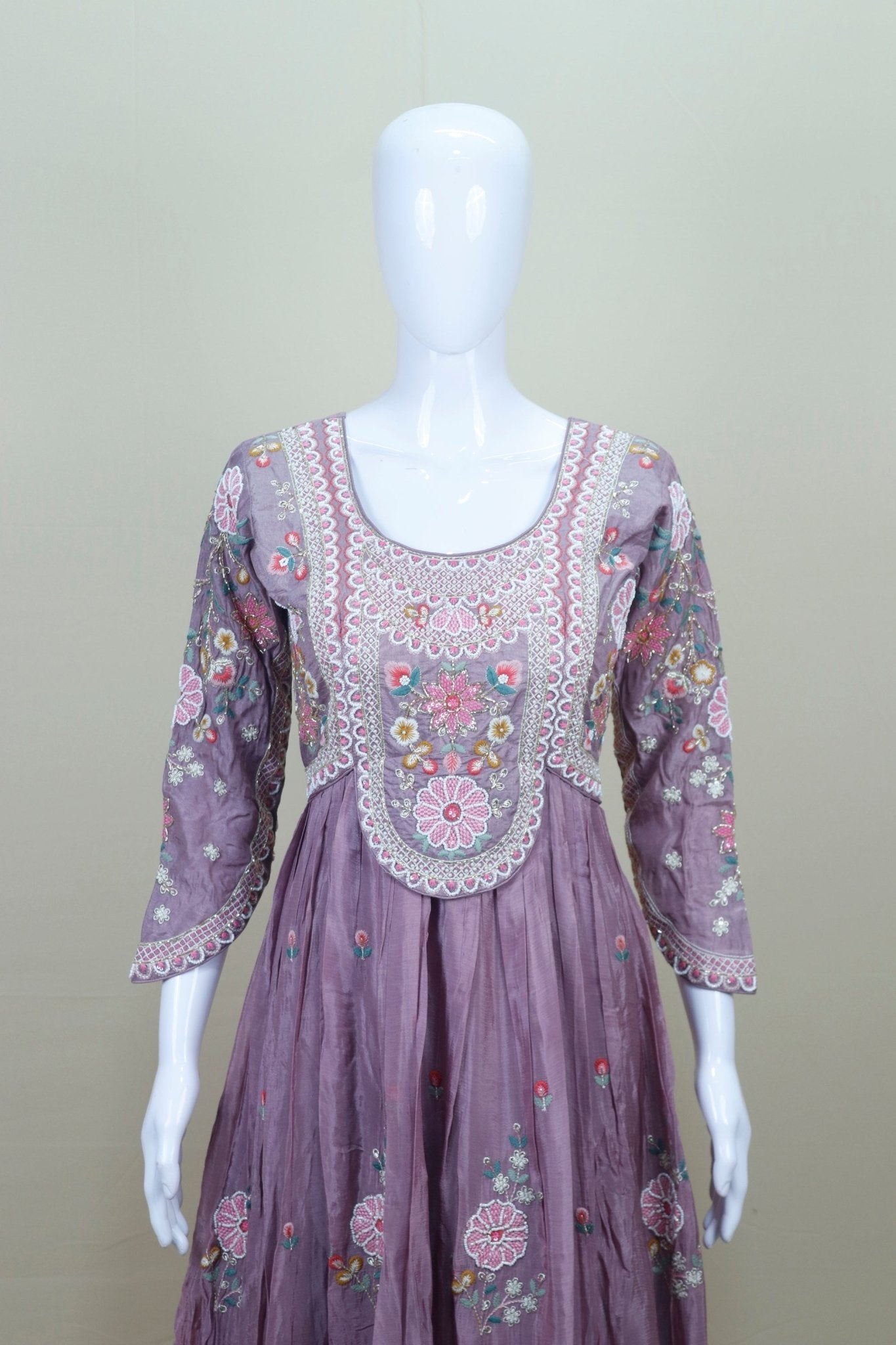 Mauve Pink Floral Embroidered Anarkali Suit with Matching Dupatta - Mangaldeep NX