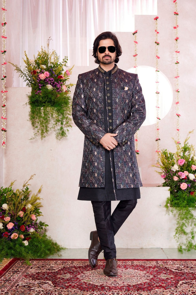Men’s Black Designer Indo - Western Sherwani with Geometric Pattern and Button Detailing - Mangaldeep NX