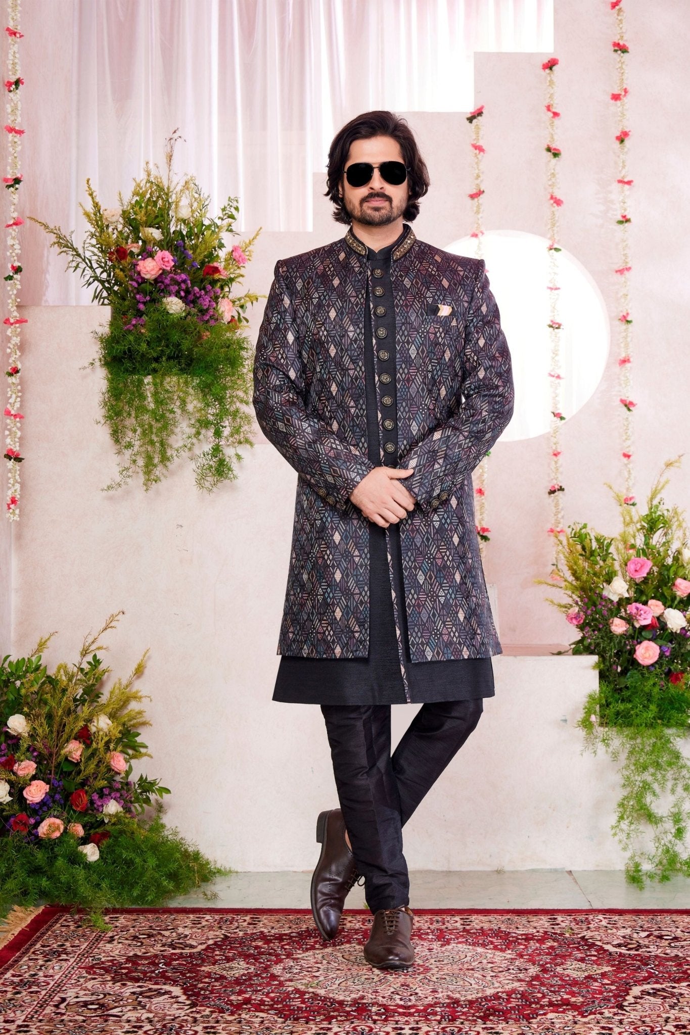 Men’s Black Designer Indo - Western Sherwani with Geometric Pattern and Button Detailing - Mangaldeep NX