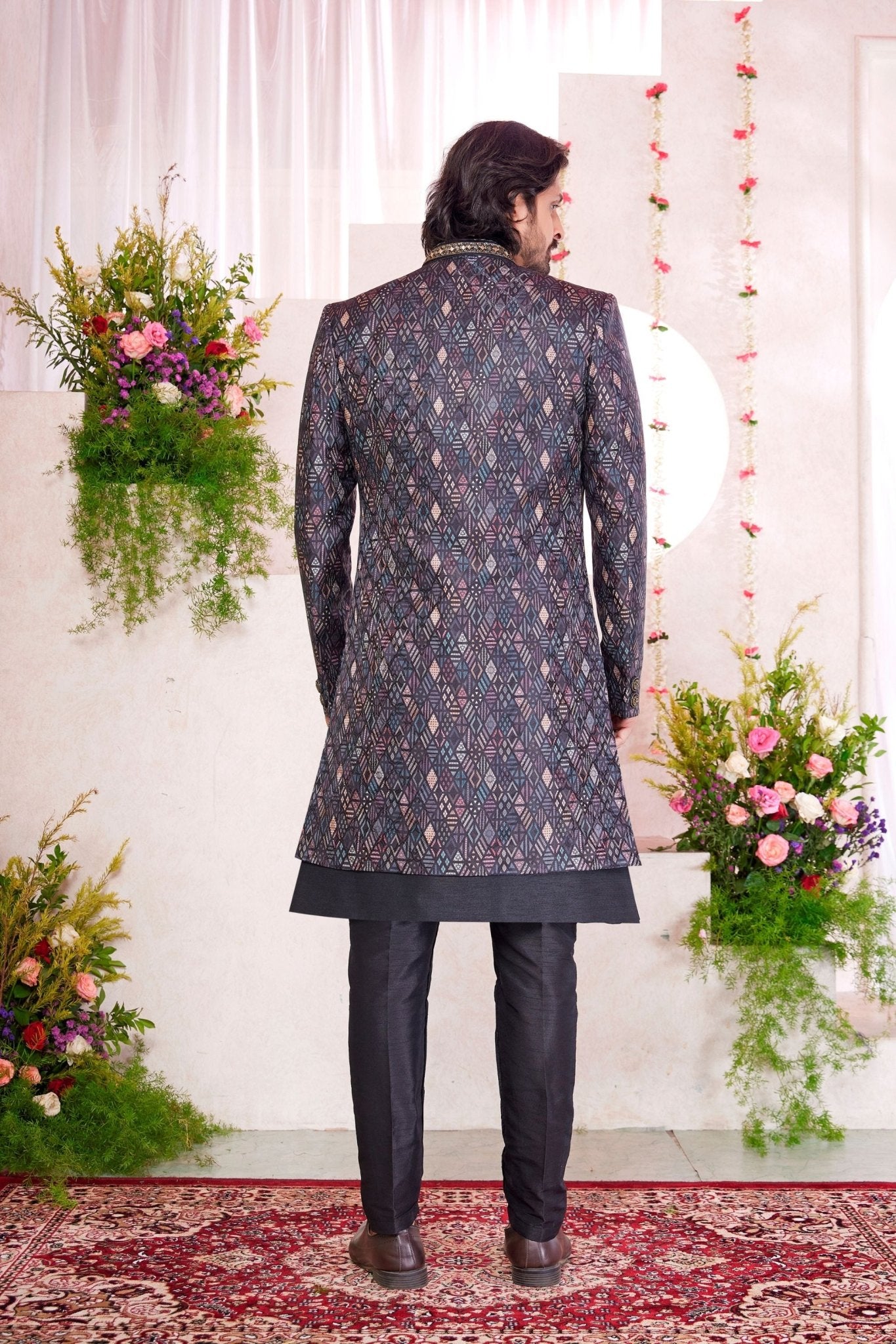 Men’s Black Designer Indo - Western Sherwani with Geometric Pattern and Button Detailing - Mangaldeep NX