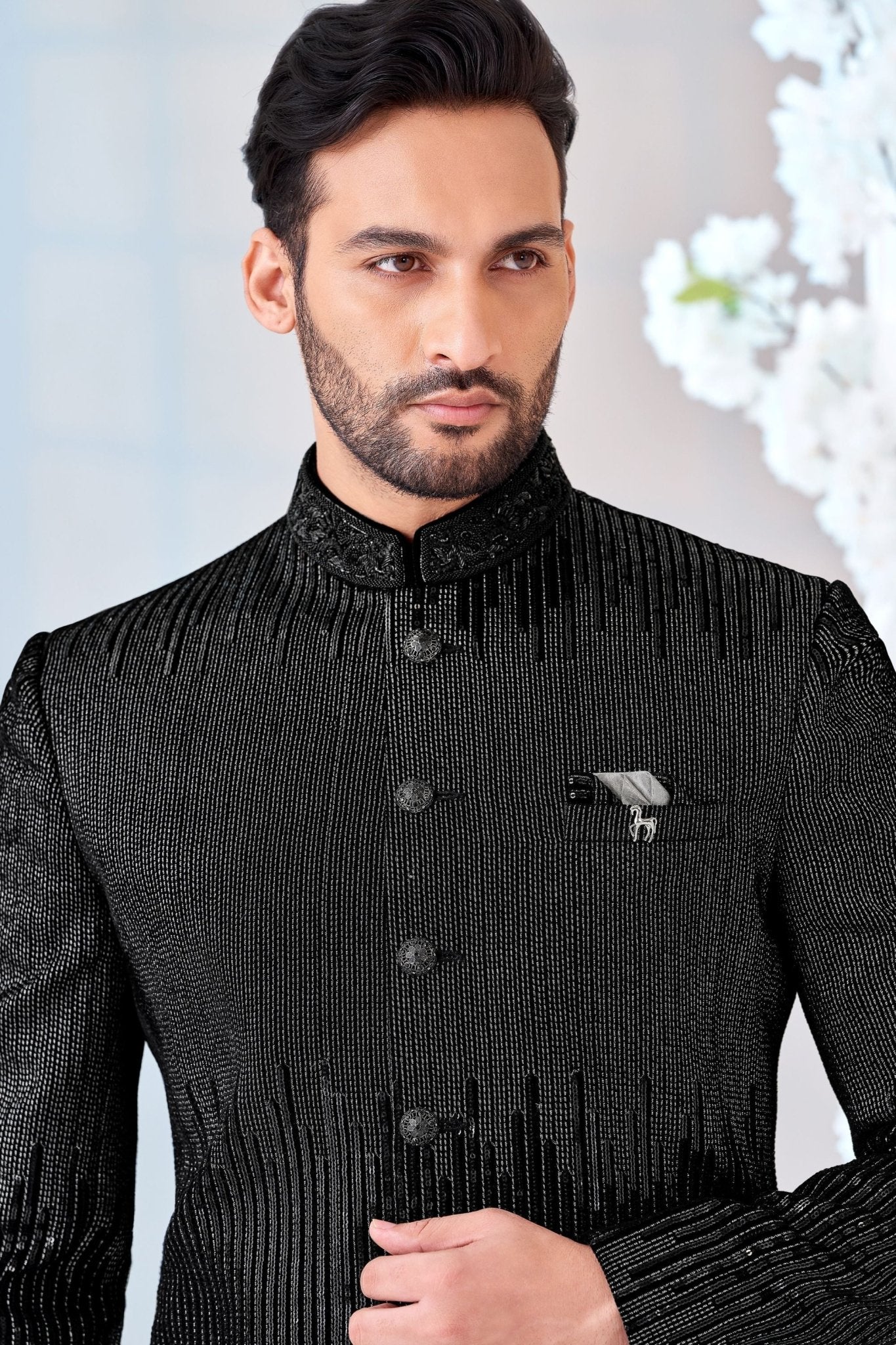 Men's Black Indo - Western Suit with Vertical Sequin Embroidery - Mangaldeep NX
