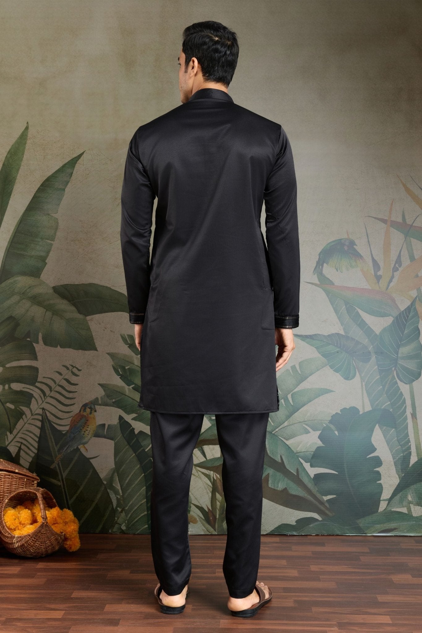 Men's Black Mirror Embroidered Art Silk Kurta with Matching Pyjama - Mangaldeep NX