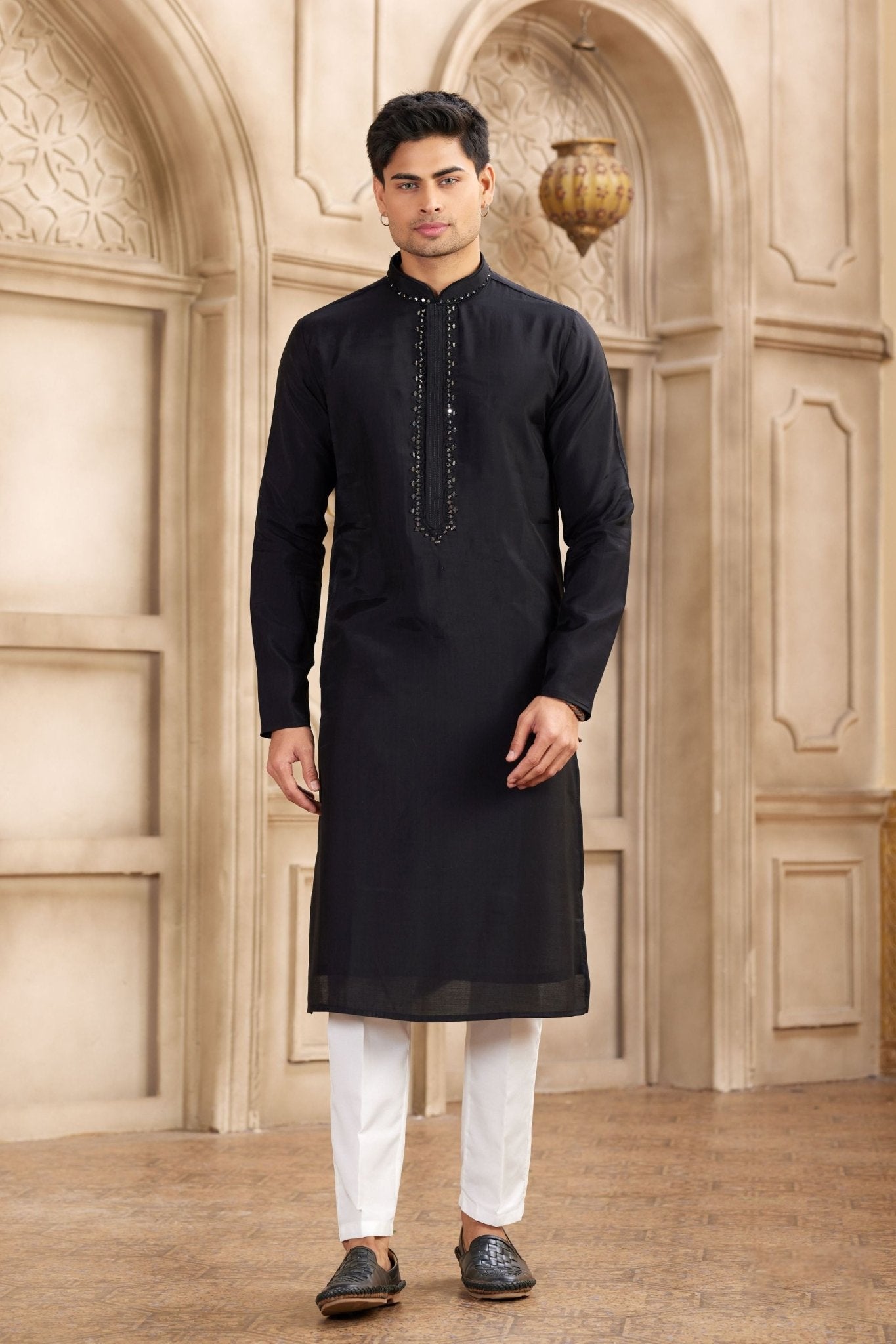 Men's Black Mirror Embroidered Art Silk Kurta with Off - White Pyjama - Mangaldeep NX