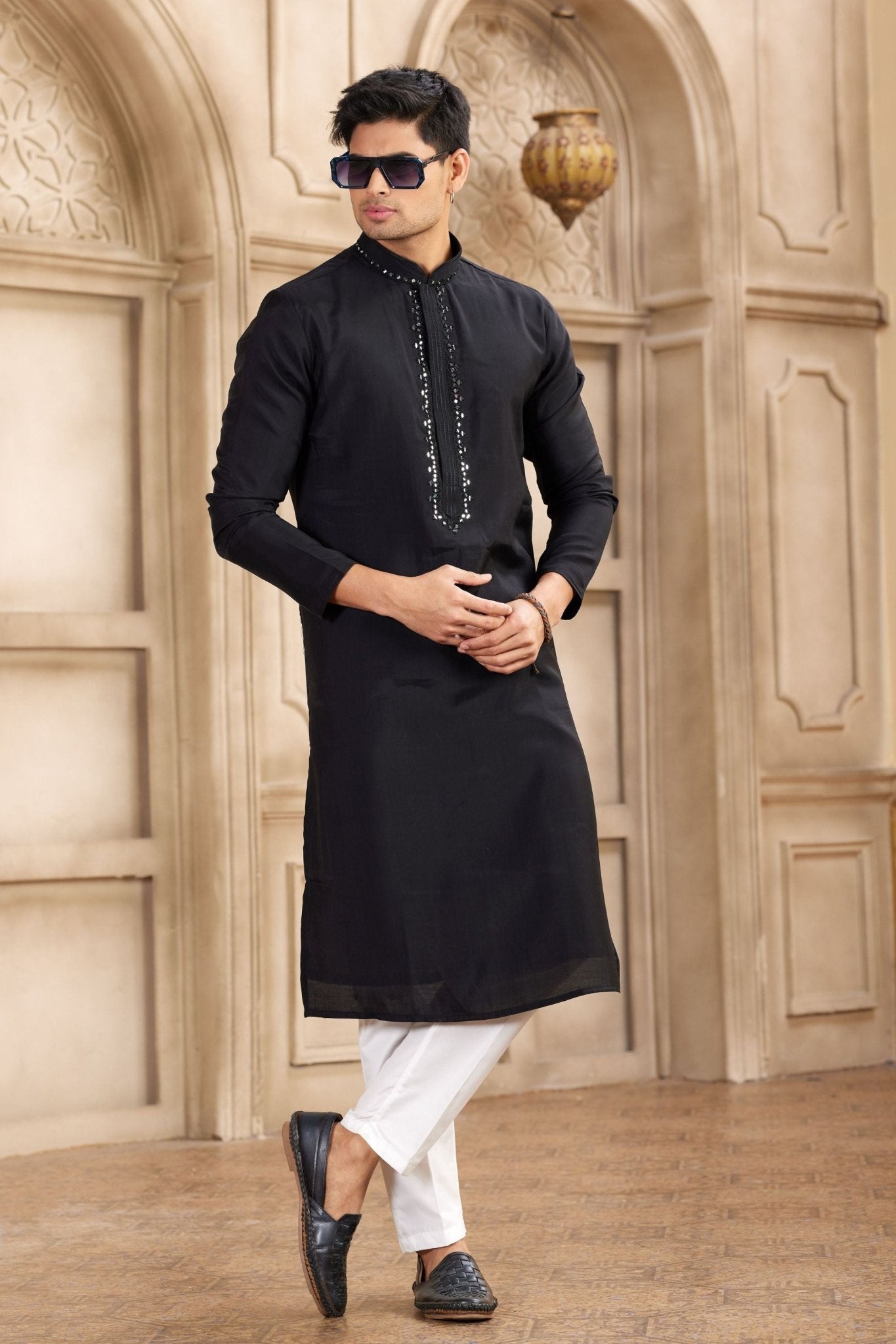 Men's Black Mirror Embroidered Art Silk Kurta with Off - White Pyjama - Mangaldeep NX