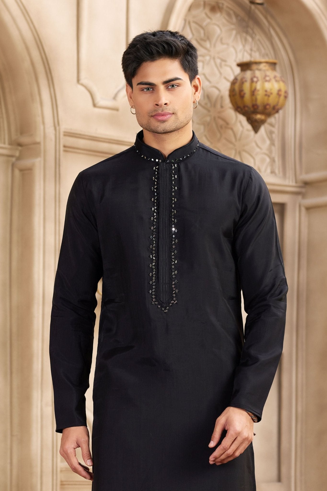 Men's Black Mirror Embroidered Art Silk Kurta with Off - White Pyjama - Mangaldeep NX