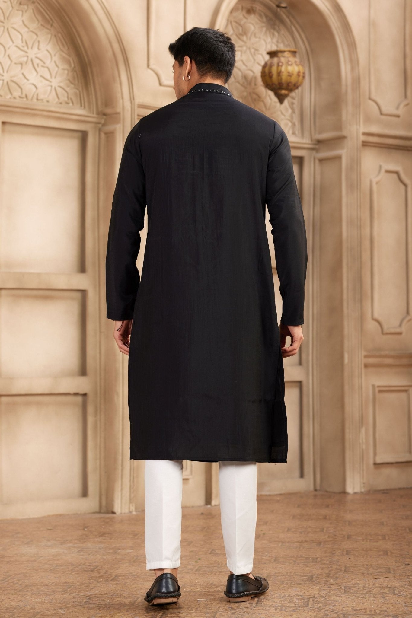 Men's Black Mirror Embroidered Art Silk Kurta with Off - White Pyjama - Mangaldeep NX
