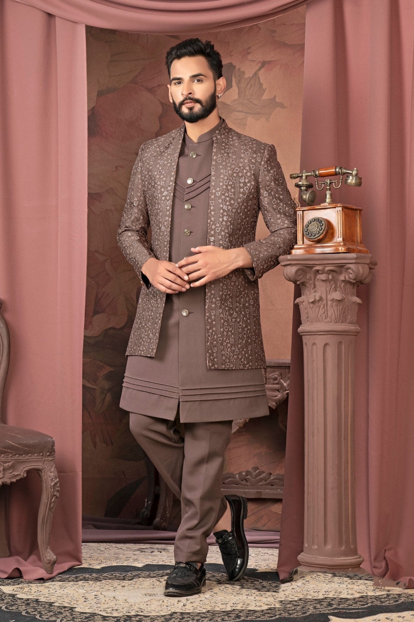 Men's Brown Textured Embroidered Indo - Western Sherwani with Layered Kurta - Mangaldeep NX