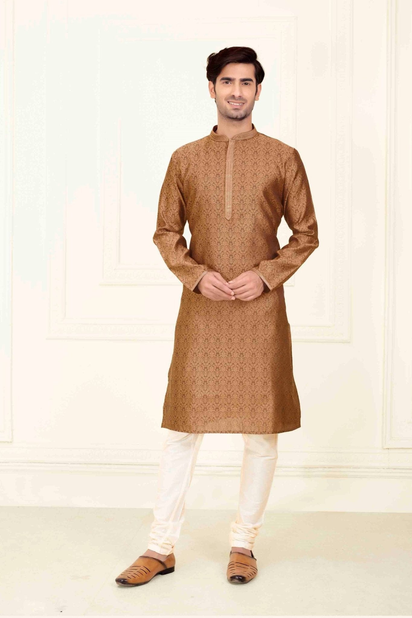 Men's Copper Brown Art Silk Kurta Pyjama Set with All - Over Traditional Brocade Weave - Mangaldeep NX