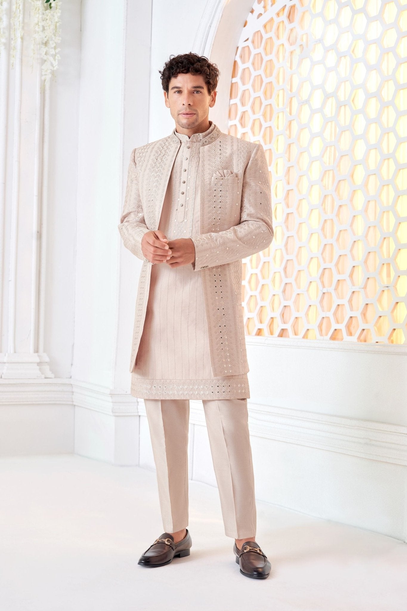 Men's Cream Art Silk Embroidered Indo - Western Suit with Self - Mirror Work Jacket - Mangaldeep NX
