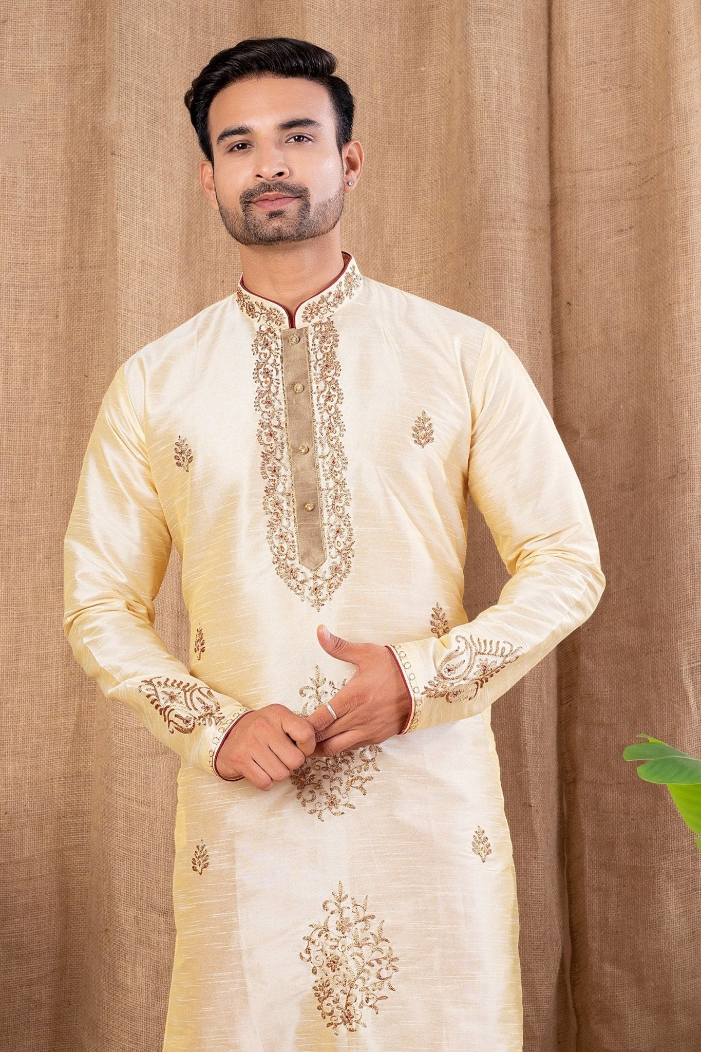 Men's Cream Art Silk Kurta Pyjama Set with All - Over Embroidery and Contrast Red Bottoms - Mangaldeep NX