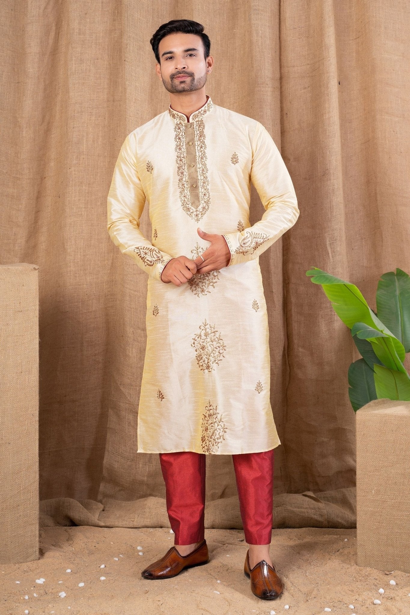 Men's Cream Art Silk Kurta Pyjama Set with All - Over Embroidery and Contrast Red Bottoms - Mangaldeep NX