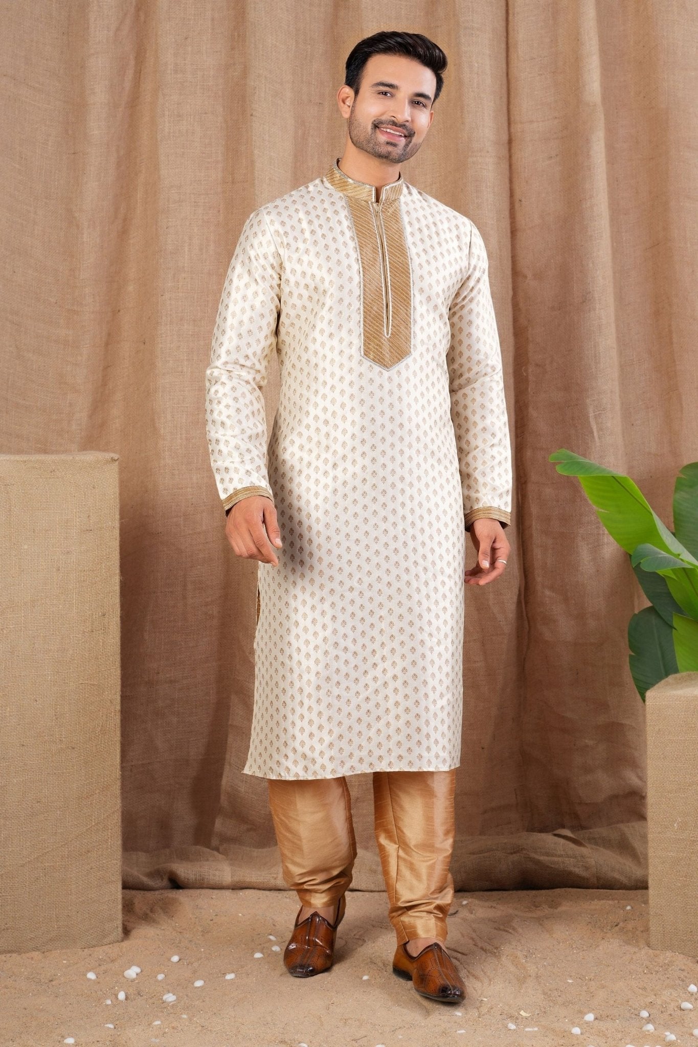 Men's Cream Art Silk Kurta Pyjama Set with Gold Butti Weave and Embroidered Placket - Mangaldeep NX