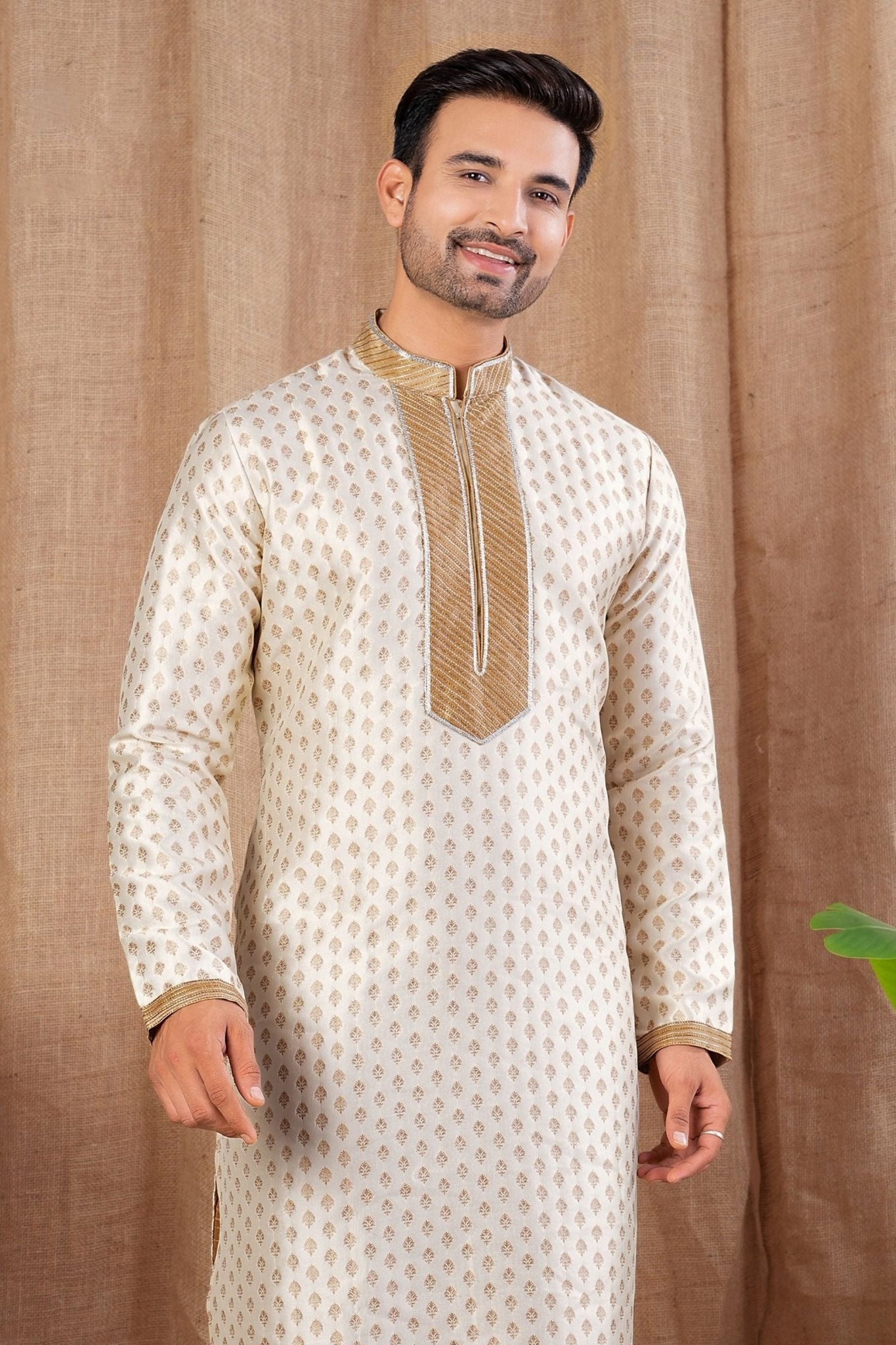 Men's Cream Art Silk Kurta Pyjama Set with Gold Butti Weave and Embroidered Placket - Mangaldeep NX