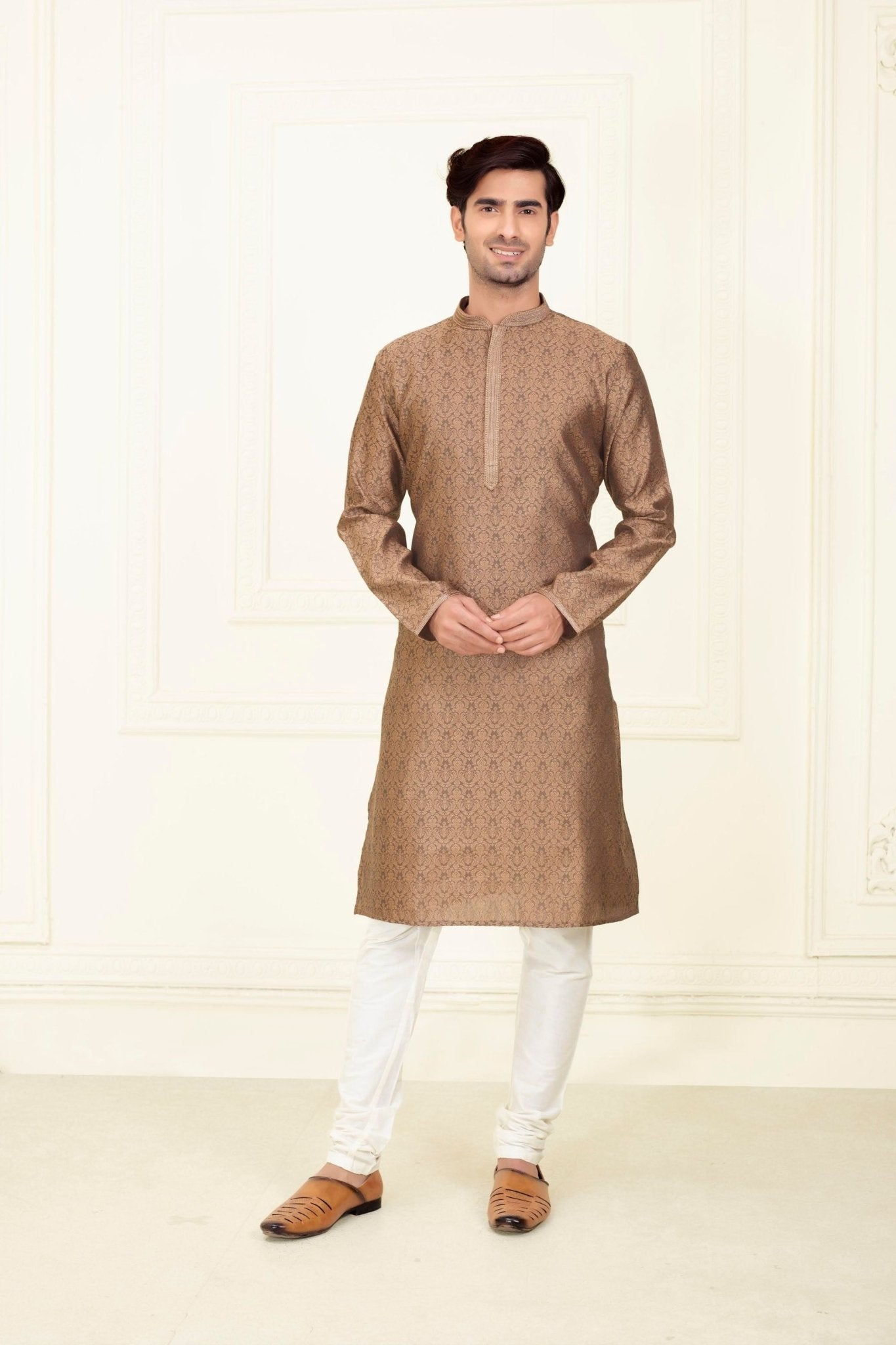 Men's Dark Brown Art Silk Kurta Pyjama Set with All - Over Traditional Brocade Weave - Mangaldeep NX