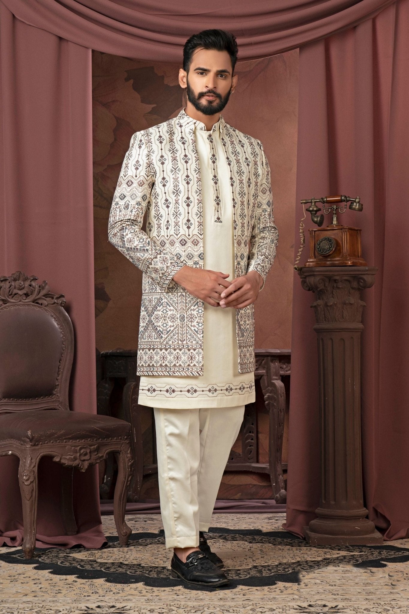 Men's Ivory Embroidered Designer Indo - Western for Weddings and Festive Wear - Mangaldeep NX